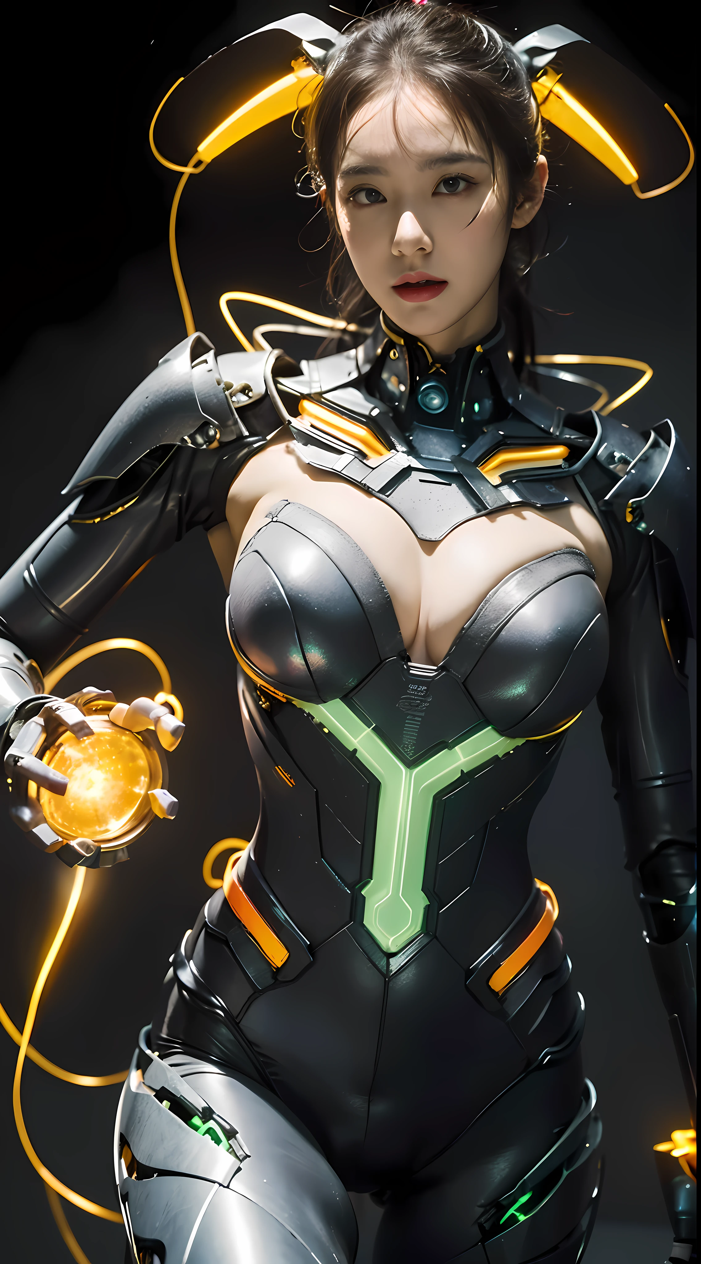 （（tmasterpiece，best qualtiy））， illustratio，1girll，Rabbit ears，Large breasts，dynamicposes， Ultra-detailed 8K， realisticlying， Clear focus， highly  detailed， profesional lighting， Colorful detailed， Color separations of rainbow colors， Extra-long shots from the factory， Large mechanical robot structure， micro Chip， Computer， with light glowing， intricately details， Shitu-mecha， 1girll， Wearing mecha， nabel， Colorful picture， with light glowing, (cyber punk perssonage)，xiaowu