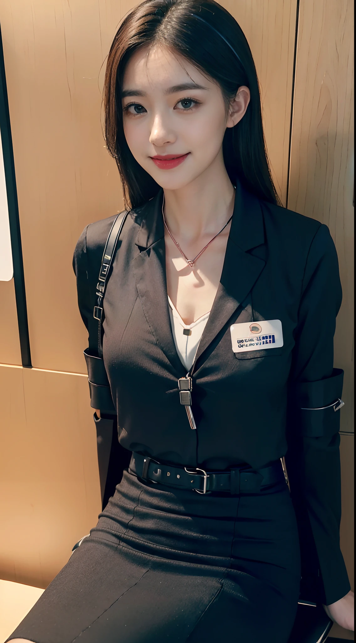 (Modern office meeting room), 1 Lady Solo,(Being at work、Work Desk、sit a chair、Office Casual Pencil Skirt、My shirt is about to tear with my huge、Office Jacket) 、((Wearing an ID card strap around your neck:1.5)), blush gentle smile, (masterpiece best quality:1.2) delicate illustration、Ultra-detail in high resolution