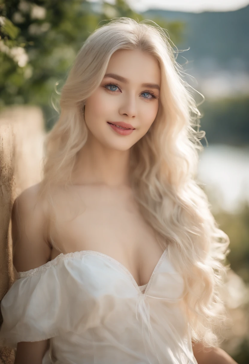 Light smile、natta、Raw photography、(((Portrait of extreme beauty)))、((glistning skin))、女の子1人、16 year old beautiful girl in Prague、((The most beautiful platinum blonde hair in the world))、[beautiful glowing blue eyes]、white shiny skin、Silky Super Long Straight Hair、eye liner、Bangs that grow so long that they hide the eyes, nose and mouth,、Hair between the eyes、Fluttering hair、((​masterpiece、top-quality、ultra-detailliert、Film Light、Glowing big light blue eyes、intricate-detail、hight resolution、8K、ighly detailed))、细致背景、8K UHD、Digital SLR、Soft light、hightquality、Film grain、FujifilmXT3 、Shallow depth of field、natural soft light、（No hands）、Kamimei、Sareme、desnuda con tetas grandes, blowjob penis