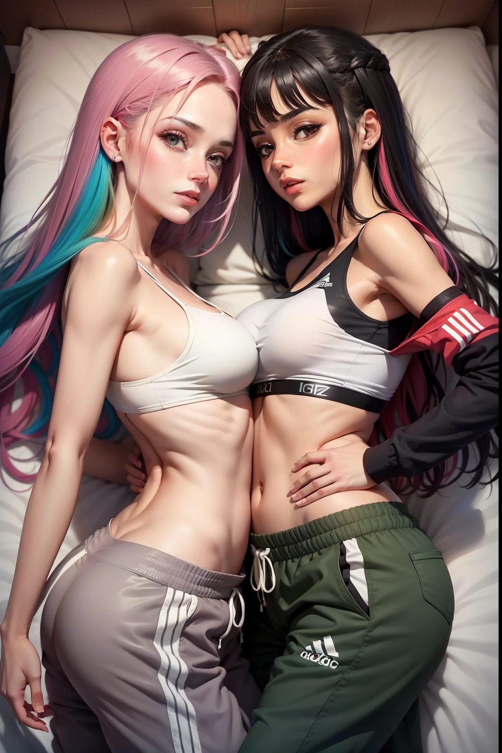 Duas mulheres deitadas na cama e se beijando, wearing baggy Adidas pants, cabelos multicoloridos, olhos multicoloridos, extremamente detalhado, tiro largo, Perfect artwork, retina, preciso, anatomicamente correto, pele texturizada, corpo inteiro, Beijar, lesbian art , estilo anime