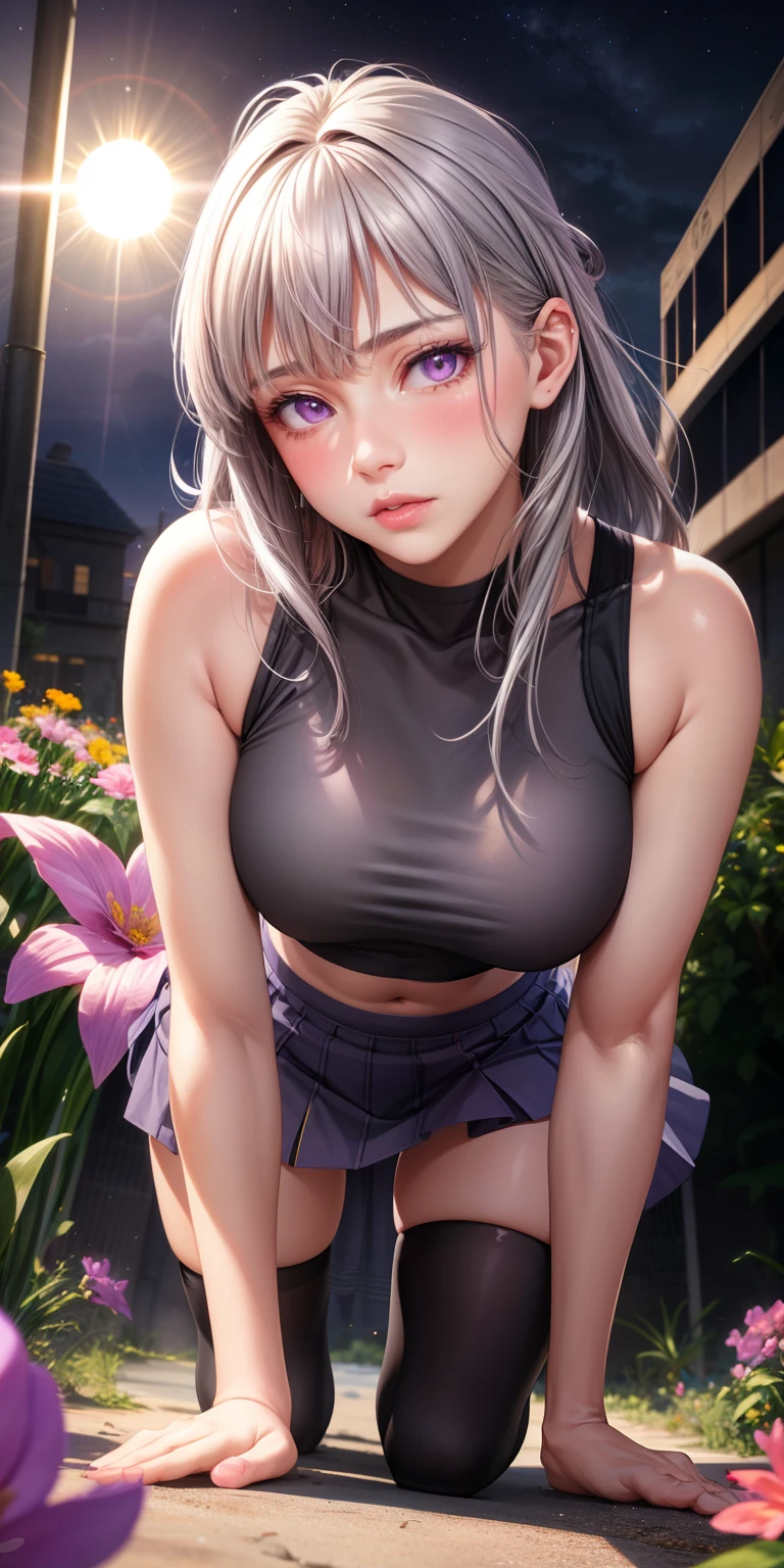 realistic, girl single, gray hair, purple eyes, glowing eyes, crop top, skirt, parted lips, blush, night, flower, sun, sunlight, all fours