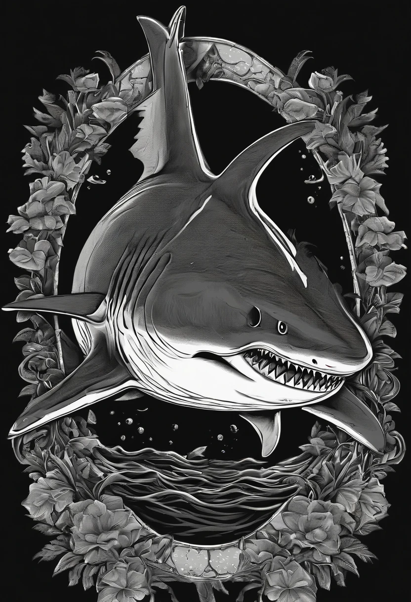 Shark illustration on black background, Bold outline style, jagged, Trashcore, Light Shading - V 5.2