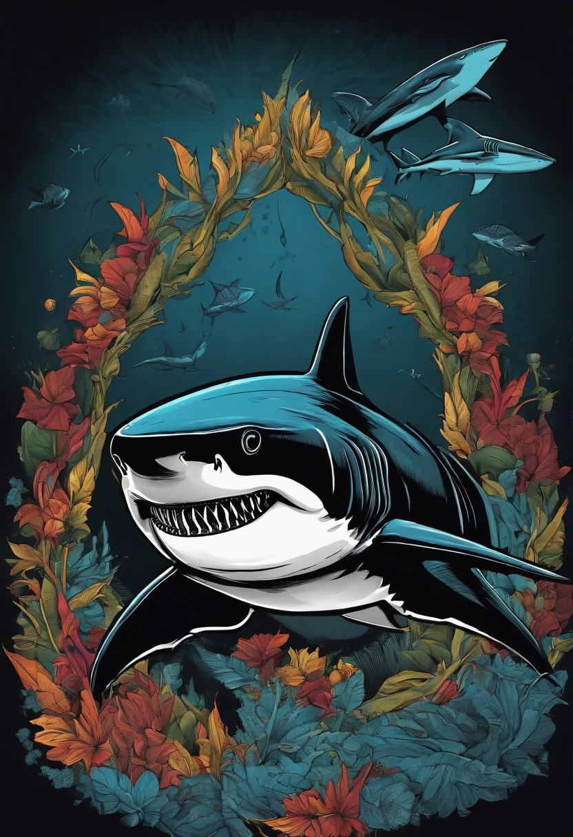 Shark illustration on black background, Bold outline style, jagged, Trashcore, Light Shading - V 5.2