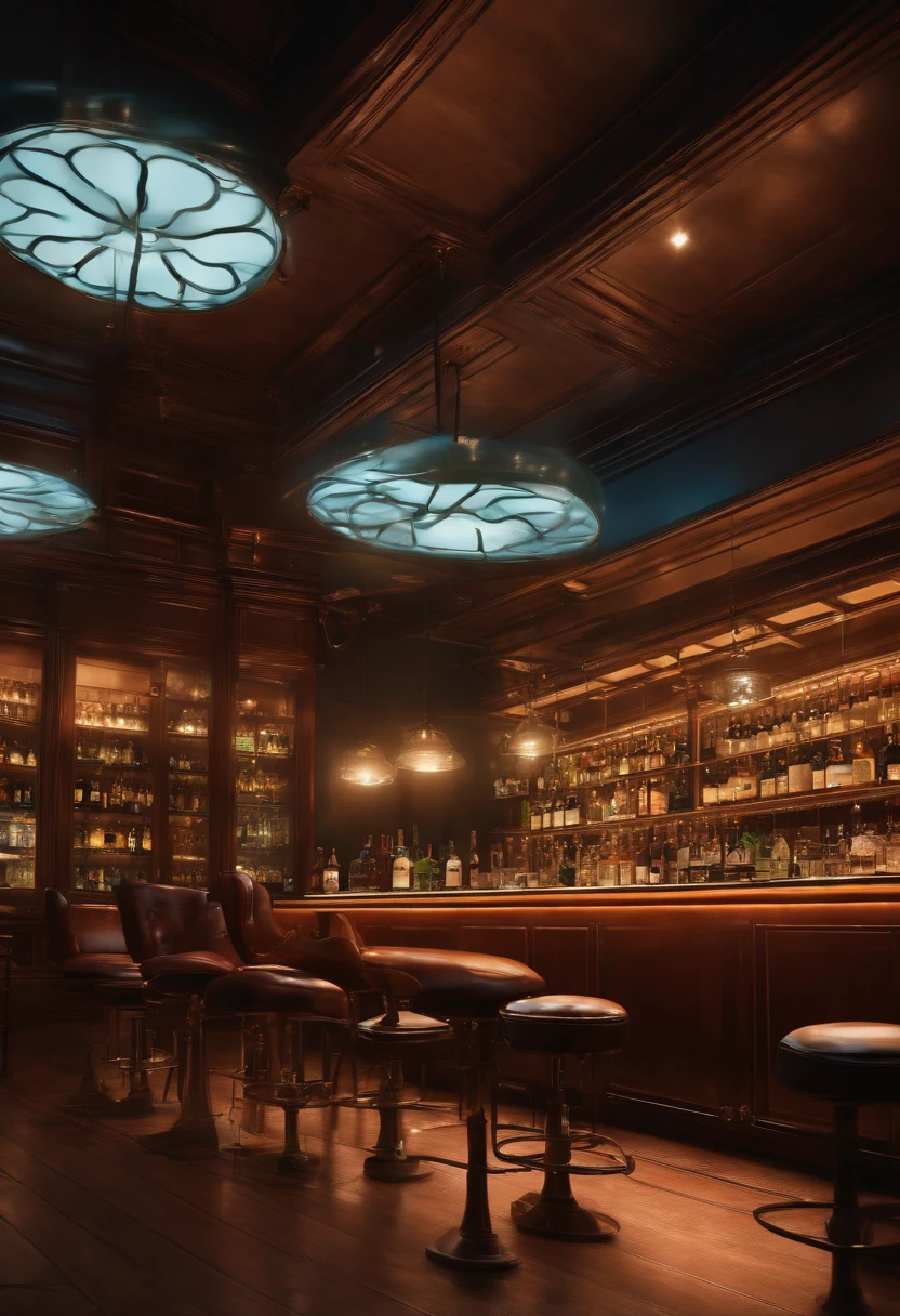 ((Scene looking at the ceiling from the floor, Cat's perspective, Looking up from a low position, Looking up from a low position,))Retro Bar Counter , Whiskey bottles lined up at the counter, beautiful ilumination, Bar Counter Chair, Low angle seen from the floor, There are no people, Anime-style style, Looking up from a low position,