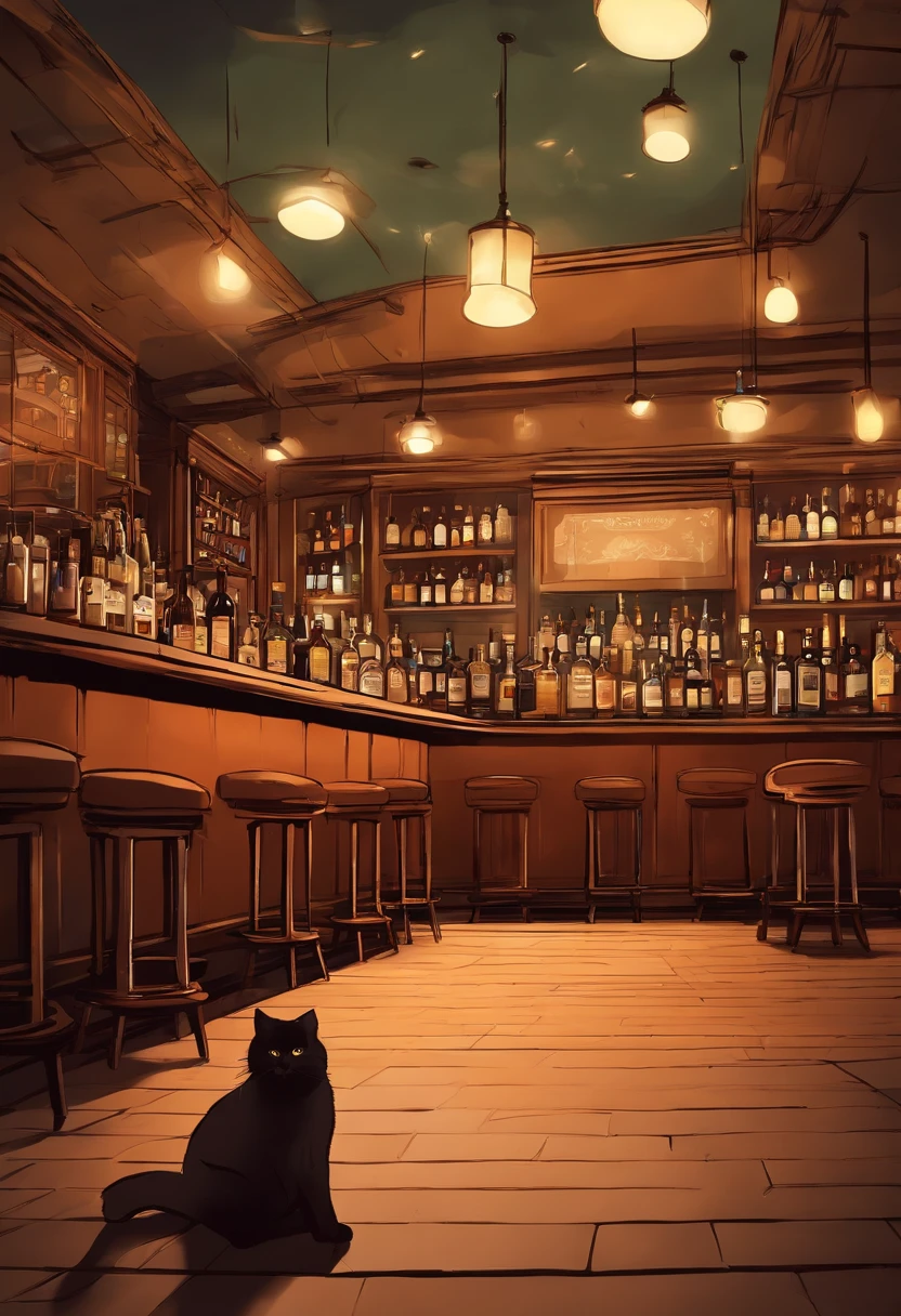 ((Scene looking at the ceiling from the floor, Cat's perspective, Looking up from a low position, Looking up from a low position,))Retro Bar Counter , Whiskey bottles lined up at the counter, beautiful ilumination, Bar Counter Chair, Low angle seen from the floor, There are no people, Anime-style style, Looking up from a low position,