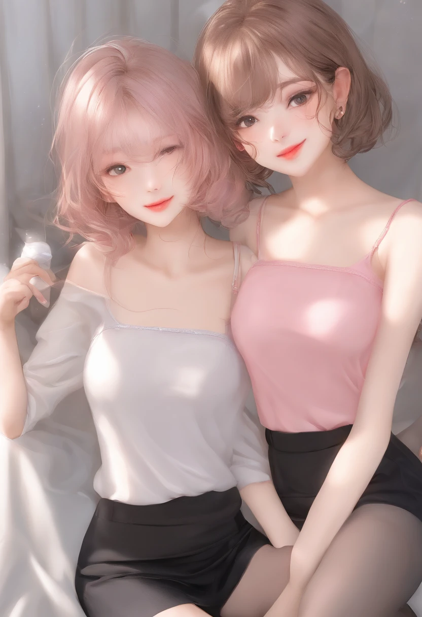 2girls、neat college girl、petite person、hiding chest with hands、(Don't wear a bra、pink color panties)、(Slimed、small tit、flat boobs)、Photorealsitic、detaileds, Skin Texture, ultra-detailliert、Delicate and sexy collarbone、A smile、Super Detailed Face、Detailed lips、A detailed eye、二重まぶた、20 years girl、Spread your legs open, Pleasure, feels good