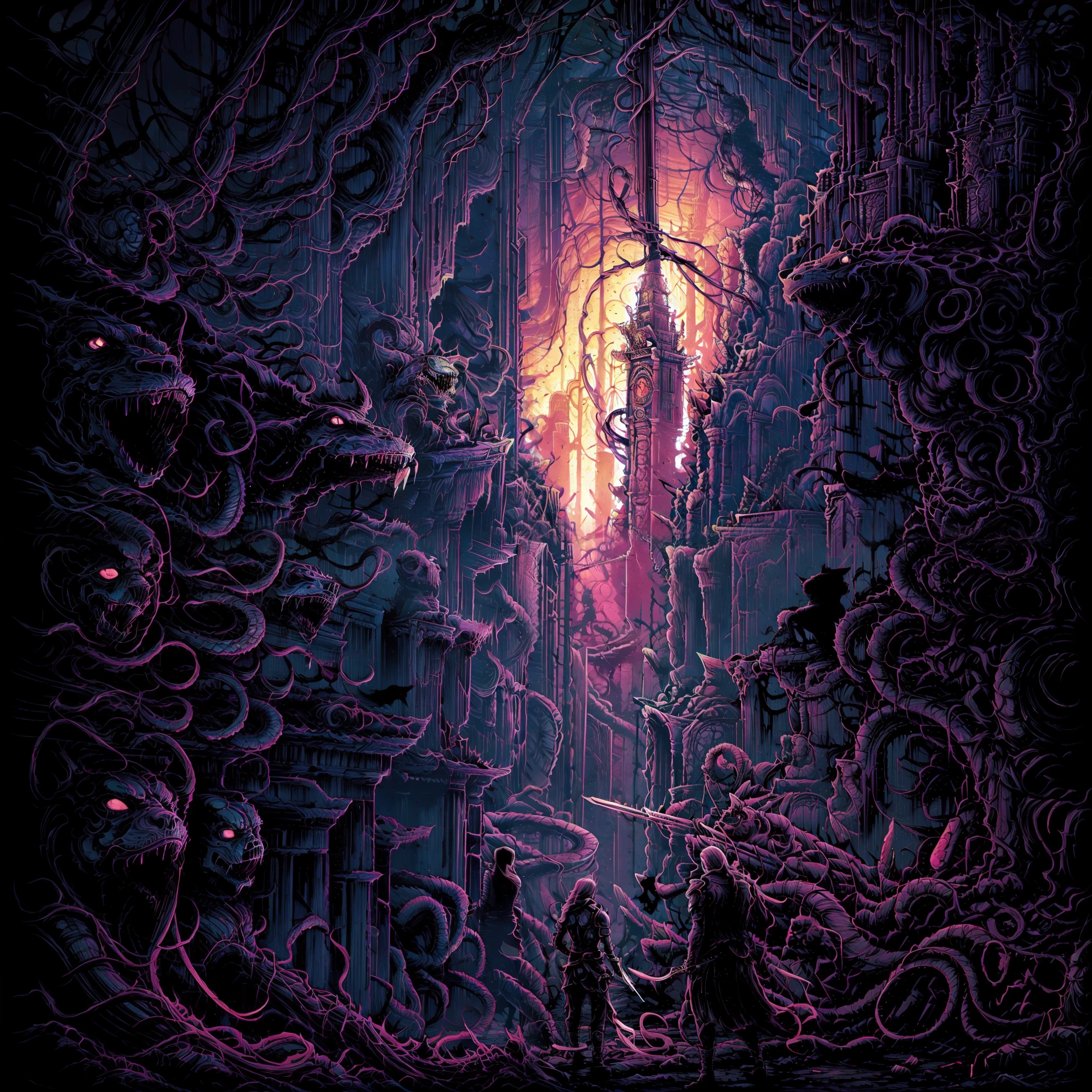 Crimson Riot, ancient city, snakes in the shadows, masterpiece