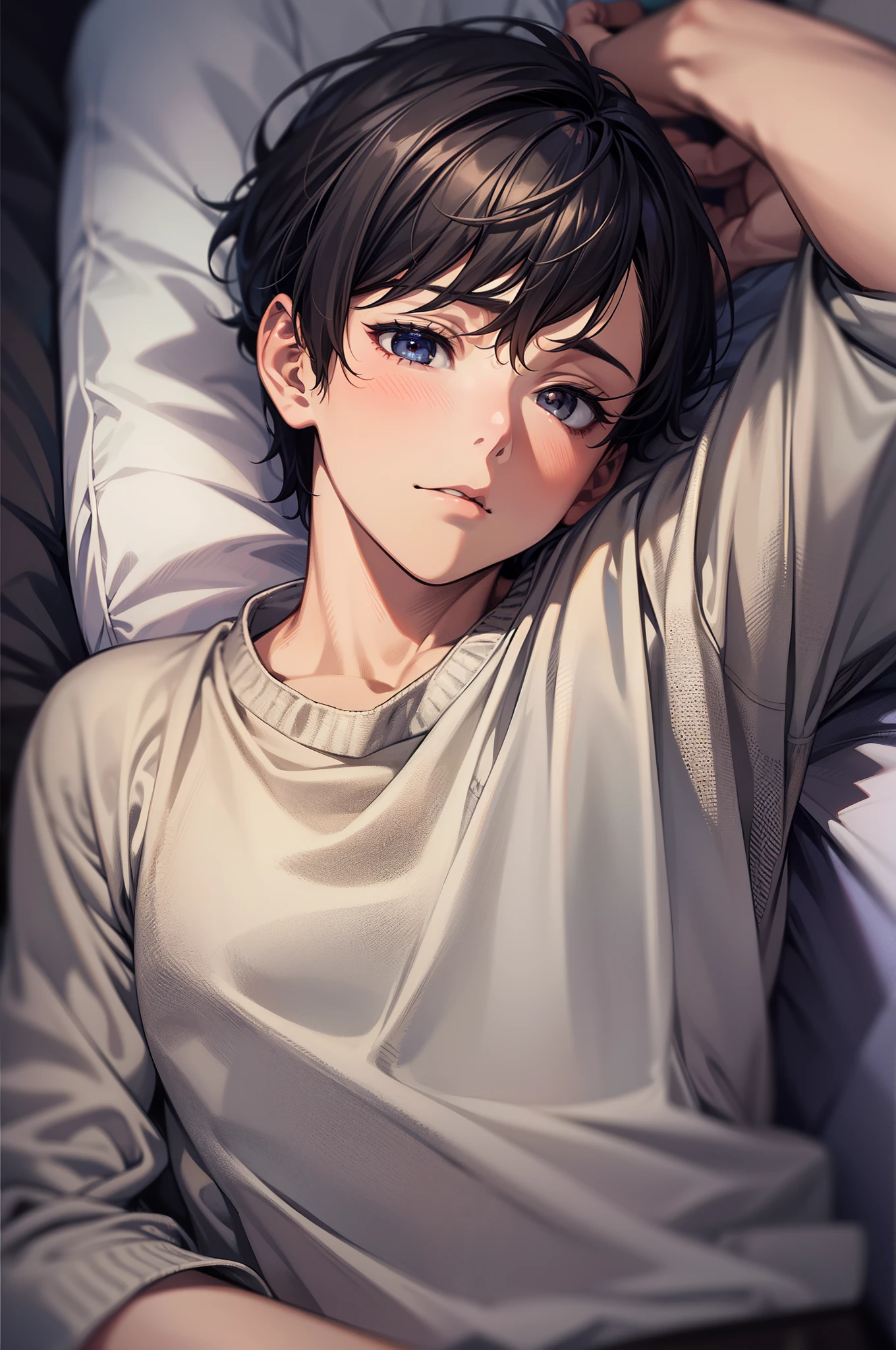 masutepiece, High quality, Best Quality, hard disk, Realistic, Perfect Lighting, Detailed face, Detailed body, 1 man, Short black hair, (Innocent expression: 1.5) (Innocent face: 1.5), Stand in your room while sleeping,Excited、I'm