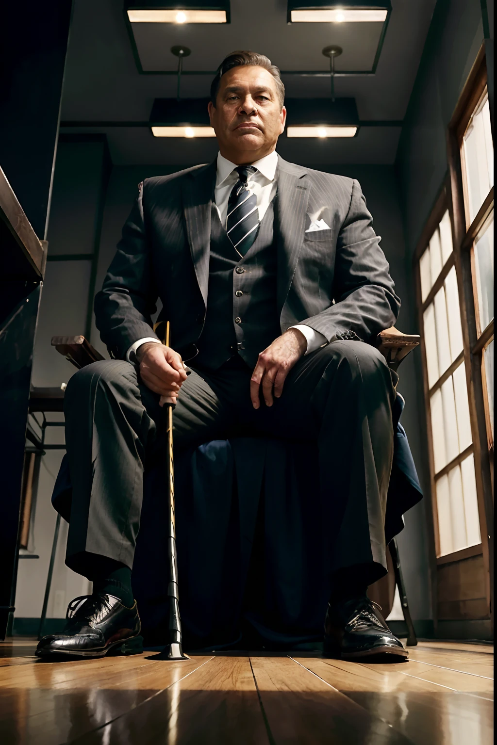 50-year-old middle-aged man，Man，Height 195，Asian people，sitting on a metal throne，God perspective，The eyes are about to face each other，Chinese men，musculature，Lift one foot，Wearing a black and white striped suit，Black and white striped trousers，a yellow tie，Wears a long yellow trench coat，Long jacket，Black socks，Brown oxford shoes，Cord，Ferocious and ferocious，Club background，Horsewhip in hand