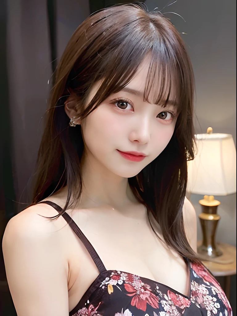 20-year-old woman, Dark Theme, Calm tone, Calm colors, High Contrast, (Natural skin texture, Hyperrealism, Soft Light, sharp), Simple Background, slim body with Large Breasts, (Large Breasts: 1.6), hugeなおっぱい, Large Breasts, Chest is larger than torso, huge breast, huge , 優しいsmile, Sitting, Beautiful and detailed ideal hair、(Beautiful big boobs:1.7)、Natural color lip、smile、20-year-old girl、cute、sexy shot looking at camera、(highest quality: 1.3), (masterpiece: 1.3), (Very detailed: 1.3), (wallpaper, One Girl: 1.1)、(Detailed hands and fingers:1.2)、(Super Oily, Very detailedな光沢のある肌:1.1)、 Brown Hair、Swinging Hair、Beautiful sister、Beautiful fine details, Medium Hair, Big ample breasts, Random sexy poses