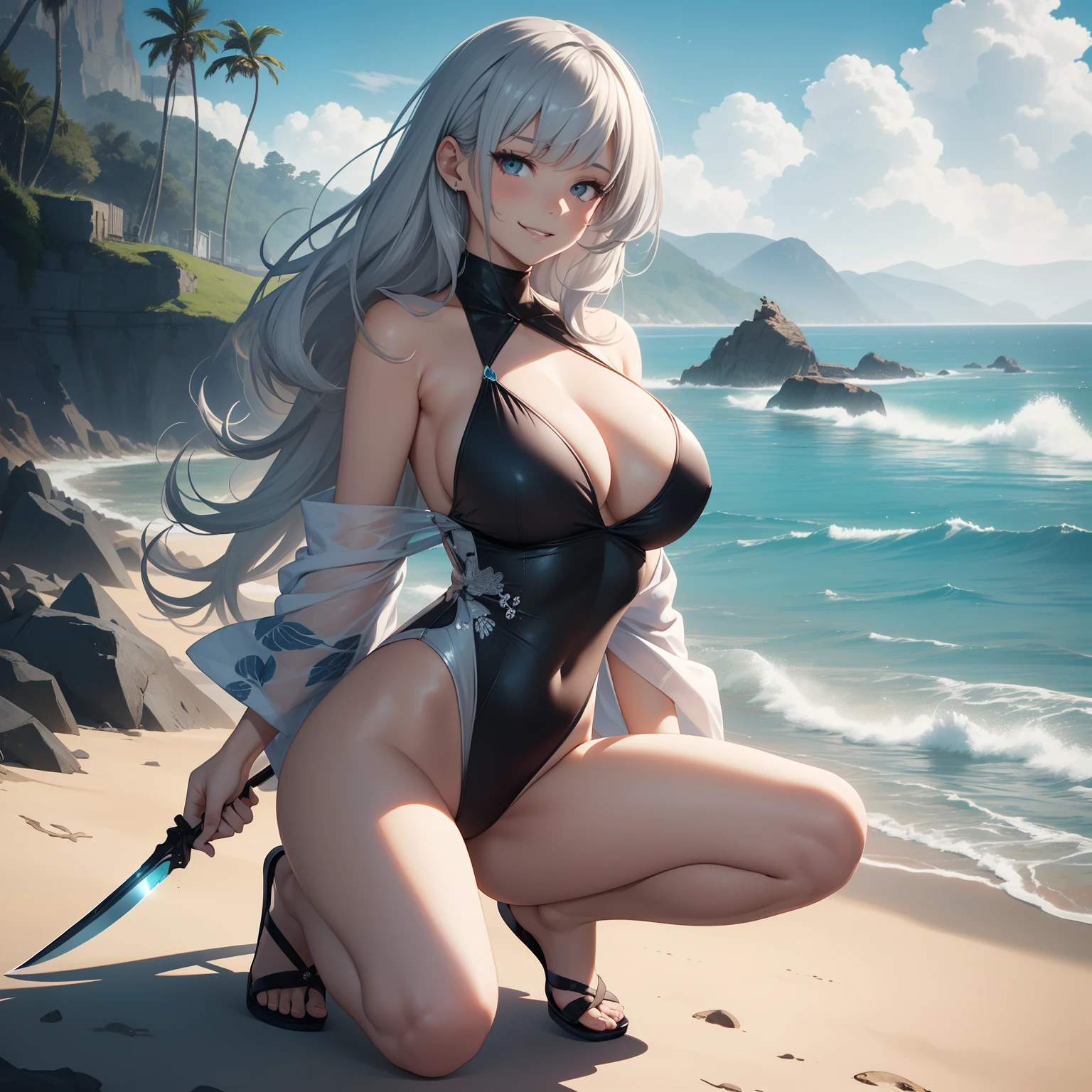 (masutepiece, Best Quality), hyper realisitic, Cinematic, Anime Girl, (Flowing kimono in a one-piece swimsuit, Flowing kimono adds movement and elegance, Although one-piece swimsuits provide comfort and style.:1.2), ((Seaside background:1.4)), 1 girl, ((Silver hair:1.5)), ((Side Sweeping Fishtail Blade:1.5)), ((FULL BODYSHOT:1.3)), Vision from head to toe, Perfect Anatomy, Curvaceous body, enticing, long round legs, Oversized cleavage, Massive breasts, elastic breasts, Perfect eyes, Perfect hands, Anime girl squatting gracefully, The body language of the model should exude confidence and elegance, (Gentle and satisfied smile and slightly parted lips:1.2), Capture relaxation and appreciation for the seaside environment, Highly Detailed Art Gemstones, ig model, art by artgem, Alena Aenami and Altgem, Krenz Kuschar and Altgem, Altgem and Ateigairan