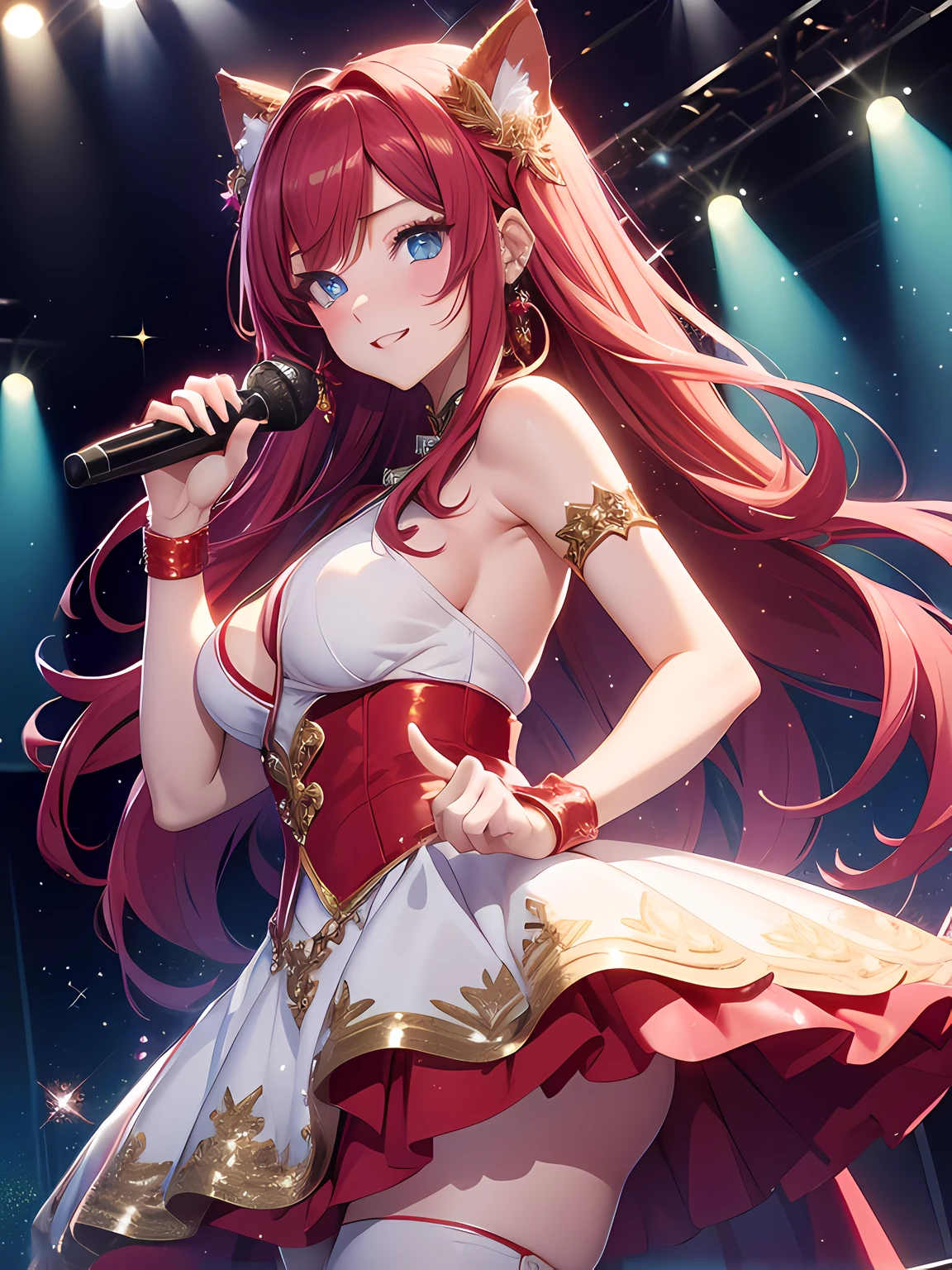 masutepiece, High resolution, 8K, anime woman, Delicate and detailed writing 、Detailed digital illustration、long wavy hair、Shiny hair、Flat Bangs、a very beautiful woman、Eyes are double, Large, Bust is B cup、High image quality, High quality、Detailed background、(((Wearing idol clothes)))、((Glittering live stage backdrop))、The inside of the eye shines like a diamond (blue eyes)、redhead hair、Gradient pupil、(((2 arms、4 fingers, 1 thumb)))、Detailed female face、Very beautiful and cute woman、、细致背景、​masterpiece、Soft Focus , happy smile face, Bright gradient watercolor , Lens Flare , (((Glitter))) , Glow , Dreamy , (((Holding a glitter microphone in your hand)))、a miniskirt、Idol、red Ribbon、Very beautiful red rose hair accessories. Red and gold costume with white as the main color、((Straight at the angle of the front))、Glitter Cat Ear Headband、(((Take an idle pose)))