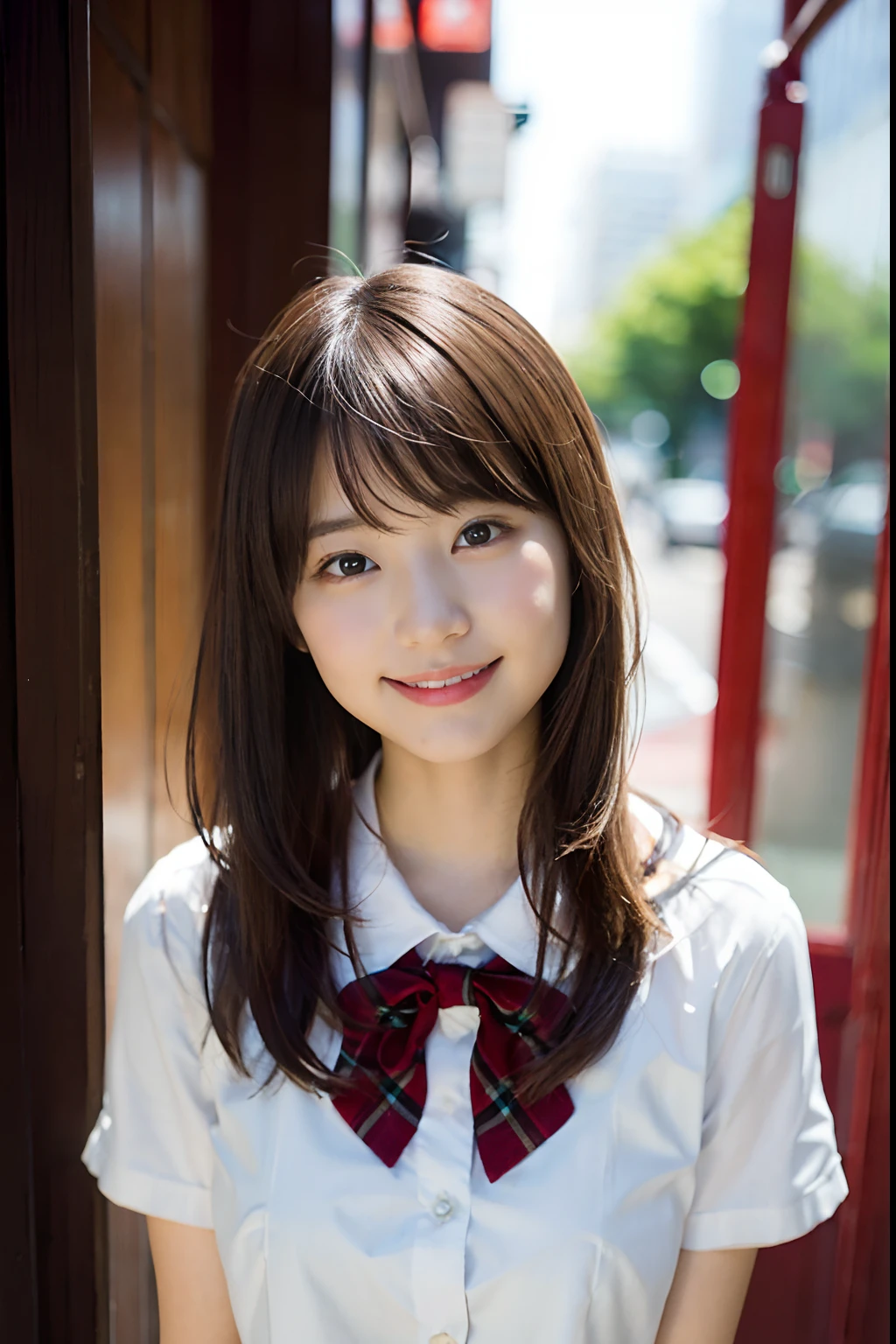 (8K、Raw photography、top-quality、masterpiece:1.2)、(realisitic、Photorealsitic:1.37)、ultra-detailliert、超A high resolution、女の子1人、sixteen years old、see the beholder、beautifull detailed face、A smile、Constriction、(Slim waist) :1.3)、Beautiful detailed skin、Skin Texture、Floating hair、Professional Lighting、Whole human body、Longhaire、A dark-haired、japanese hight school uniform、hi-school girl、(student clothes)、Straight short hair、University、Happy smile, (hyper pretty face:1.5), Nogizaka46、AKB48、(Plaid pleated skirt)、Beautiful legs、White blouse school uniform、