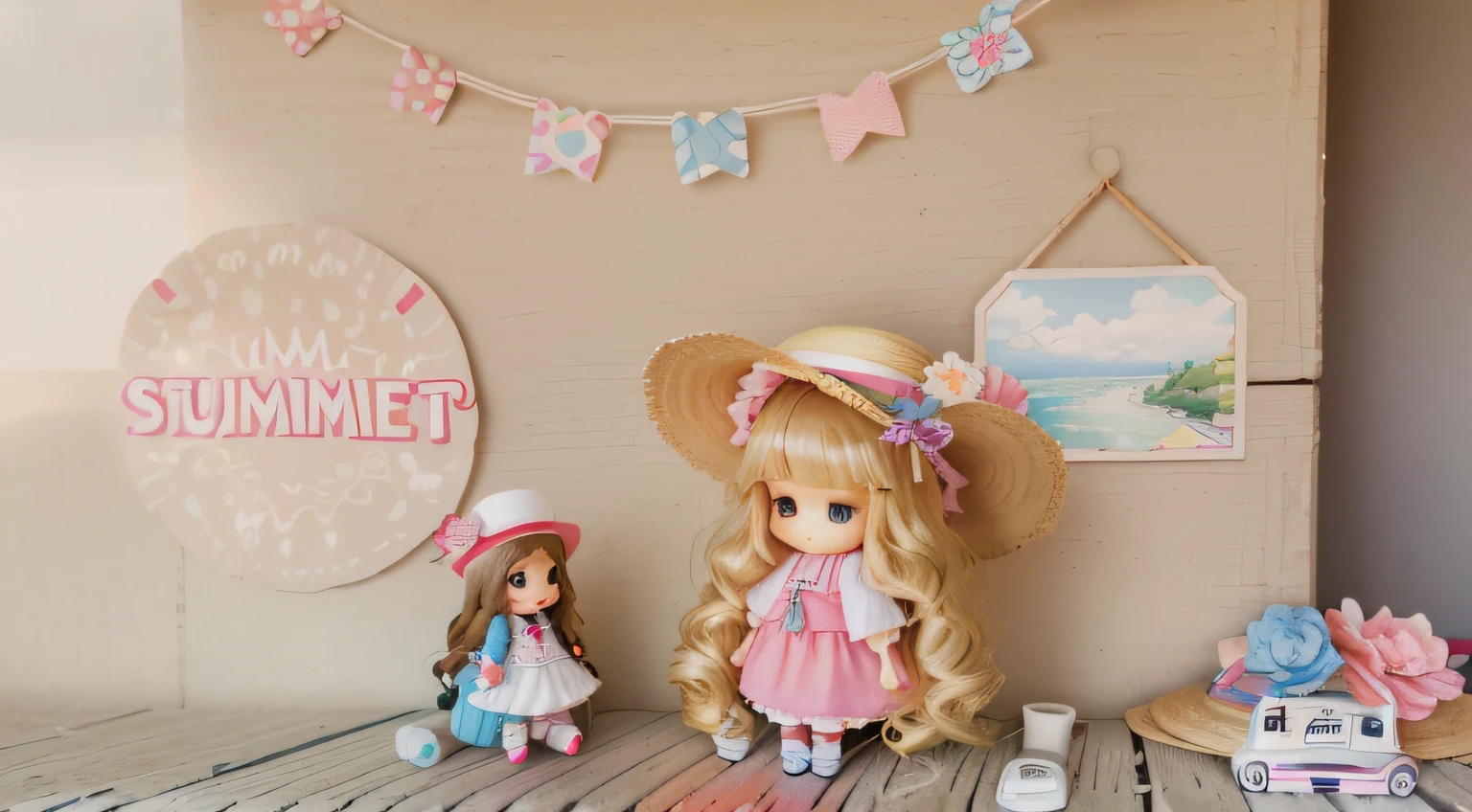 There was a doll on the table，There are hats, at summer afternoon, Cute:2, Summer Street, style as nendoroid, Magical summer, summer morning, Loli, summer setting, summer morning light, Female explorer mini cute girl, a bright summer day, in summer, cute cute, taken with canon 8 0 d, Cute Pocelain doll