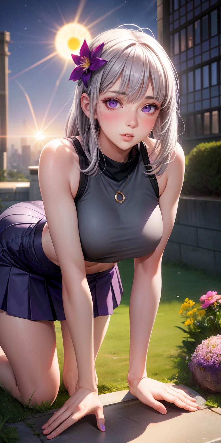 realistic, girl single, gray hair, purple eyes, glowing eyes, crop top, skirt, parted lips, blush, night, flower, sun, sunlight, all fours