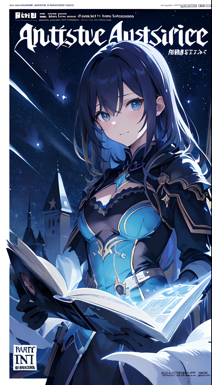 (masuter piece, Best Quality, Ultra-detailed), 2girls, absurderes, (Fantasia:1.2), Night fantasy world, Stars, stele, The night sky is deep, Decorated with stars,magia, majutsu, adventure, (magazine:1.3), (cover-style:1.3), blue flames