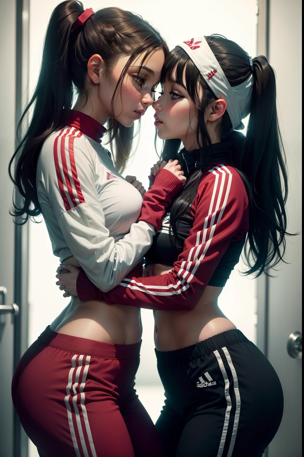 Two women kissing wearing adidas pants