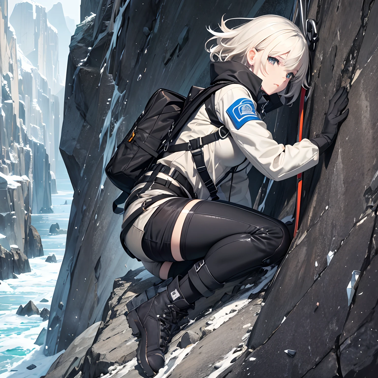 masterpiece、top-quality、hight resolution、High-quality images、8K、1 Otome、detaileds、Detailed eye depiction、skin gloss、shinny hair、Monochrome grayscale、Platinum blonde short hair、Soft hair、Nomiya、portlate、Rock Climbing、Hiking boots、Ice axe、piton、Zail wrapped around the body、carabiner、Clamber up rock walls