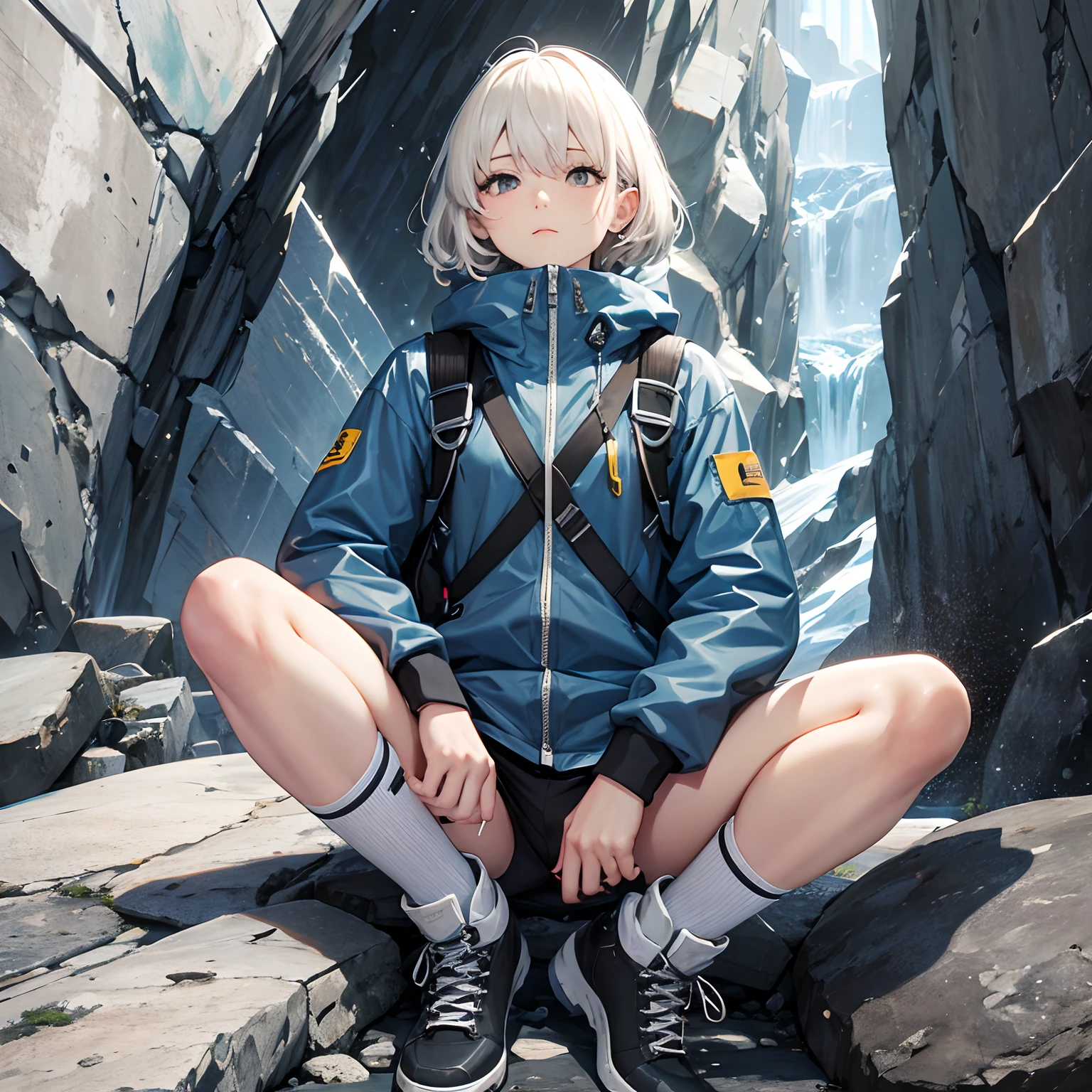 ​masterpiece、top-quality、hight resolution、High-quality images、8K、1 Otome、detaileds、Detailed eye depiction、skin gloss、shinny hair、Monochrome grayscale、Platinum blonde short hair、Soft hair、Nomiya、portlate、Rock Climbing、Hiking boots、Ice axe、piton、Zail wrapped around the body、carabiner、Clamber up rock walls