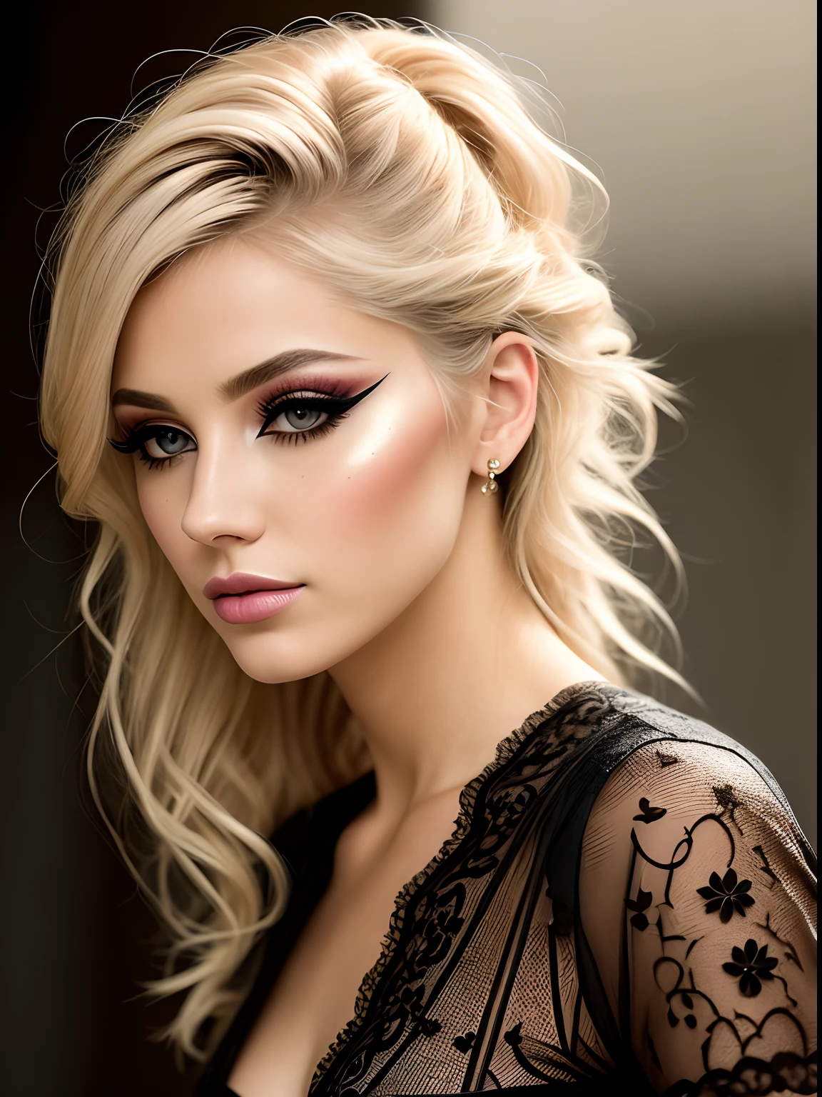 A portrait of a blonde, (makeup:1.4), amazing body, (fit body:1.2), lace outfit, highly detailed fur, natural skin texture, 4k textures, detailed belly, Highly detailed perfect smooth skin, Lightroom, Intricate, Ultra-Realistic, Out There, (HDR:1.3), UHD, (Intricate Detail, Hyper-Detailed:1.1), Cinematic, Photoreal, (Dark Shot:1.2), Dramatic, High Contrast, (Warm Color:1.1) , muted colors, master piece, elegant, sharp focus, from behind
