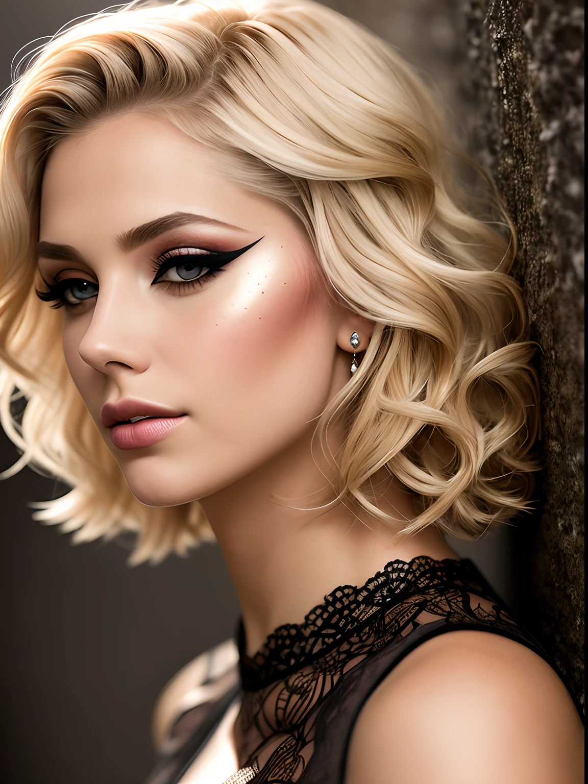 A portrait of a blonde, (makeup:1.4), amazing body, (fit body:1.2), lace outfit, highly detailed fur, natural skin texture, 4k textures, detailed belly, Highly detailed perfect smooth skin, Lightroom, Intricate, Ultra-Realistic, Out There, (HDR:1.3), UHD, (Intricate Detail, Hyper-Detailed:1.1), Cinematic, Photoreal, (Dark Shot:1.2), Dramatic, High Contrast, (Warm Color:1.1) , muted colors, master piece, elegant, sharp focus, from behind