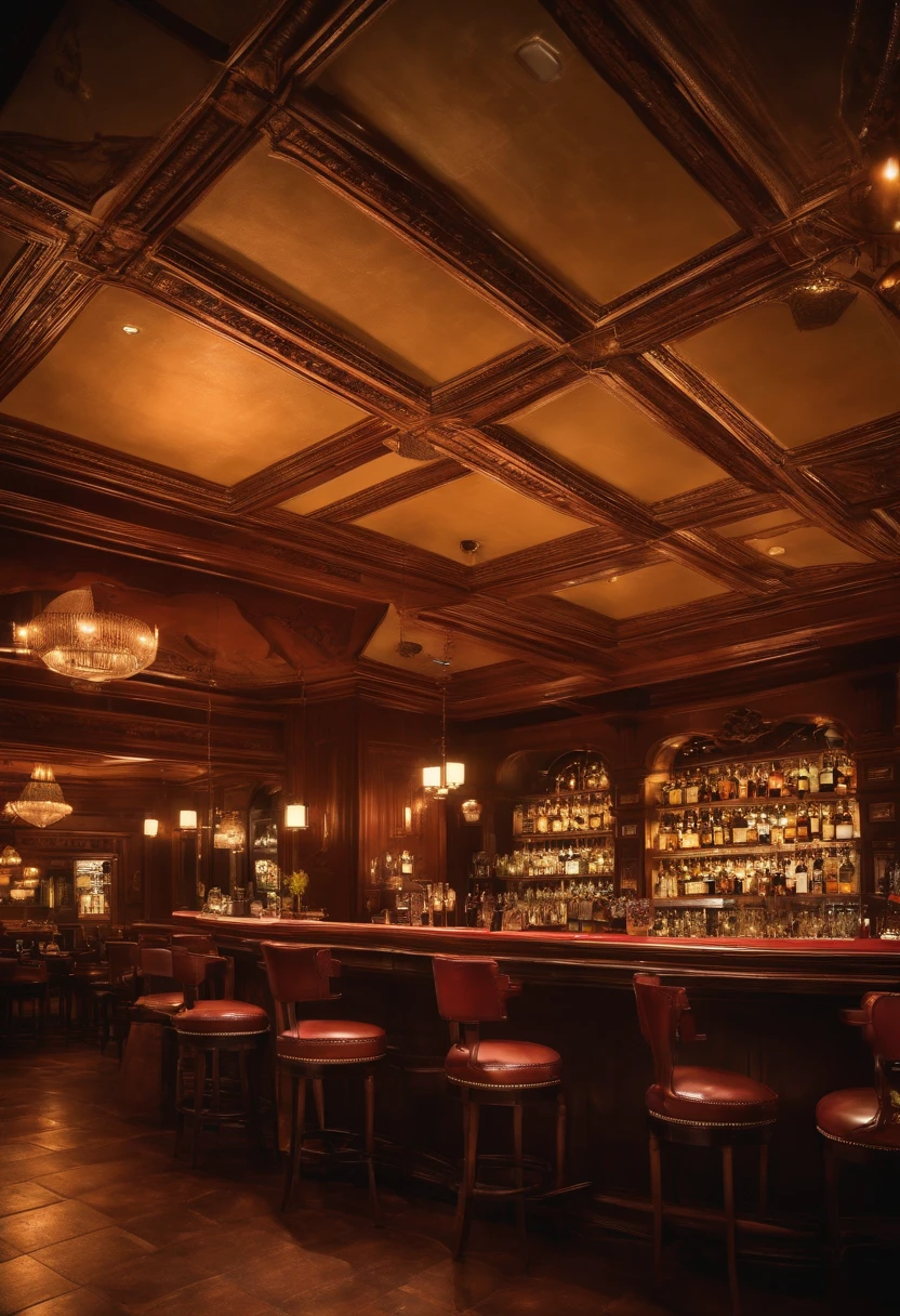 ((Scene looking at the ceiling from the floor, Looking up from a low position, Looking up from a low position,Low angle seen from the floor, ))Retro Bar Counter , Whiskey bottles lined up at the counter, beautiful ilumination, Bar Counter Chair, There are no people, Anime-style style, Looking up from a low position,