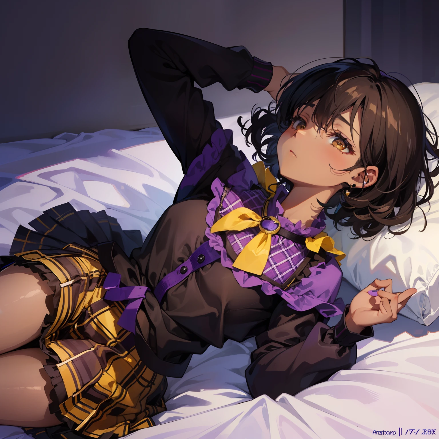 ((masterpiece)), ((best quality)), ((anime profile style)), ((very dark skin)), 18 year old girl, ((dark brown eyes)), ((perfect) ), eyebrow, nose, ear, mouth, sad expression, ((short curly hair)), neck strap, shoulders, arms, ((little purple blouse with yellow plaid skirt)), background lying on bed, sleeping, shadows on black skin, closed eyes.