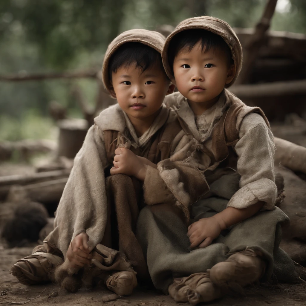 Chinese children during the war，Wearing tattered clothes，There is a desire for freedom in the eyes，Holding dirty steamed buns in his hand，Focal length 135mm，F2 aperture，Unreal Engine 4，Ray tracing effect，Hyper-realistic，4k