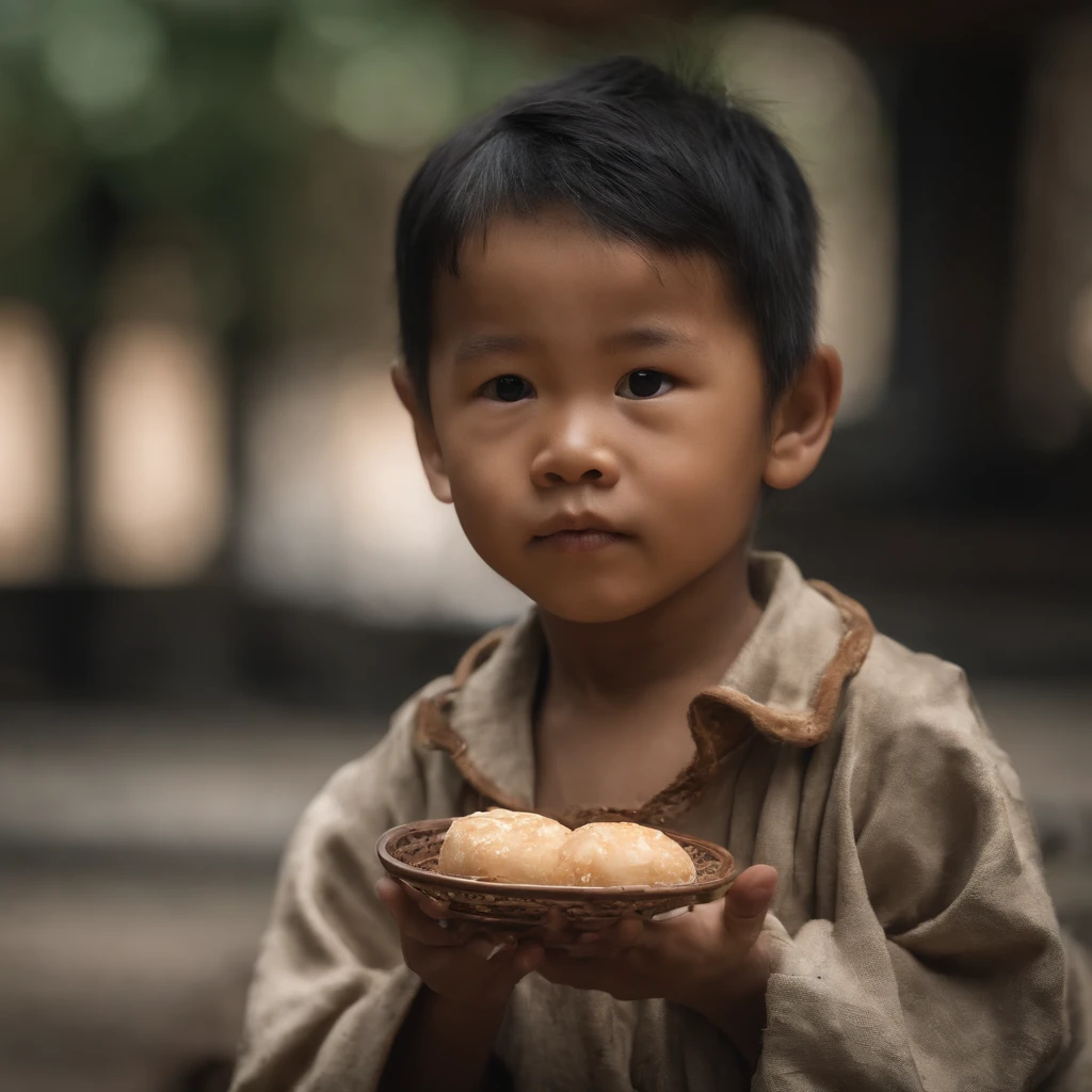 Chinese children during the war,Wearing tattered clothes,There is a desire for freedom in the eyes,Holding dirty steamed buns in his hand,Focal length 135mm,F2 aperture,Unreal Engine 4,Ray tracing effect,Hyper-realistic,4k