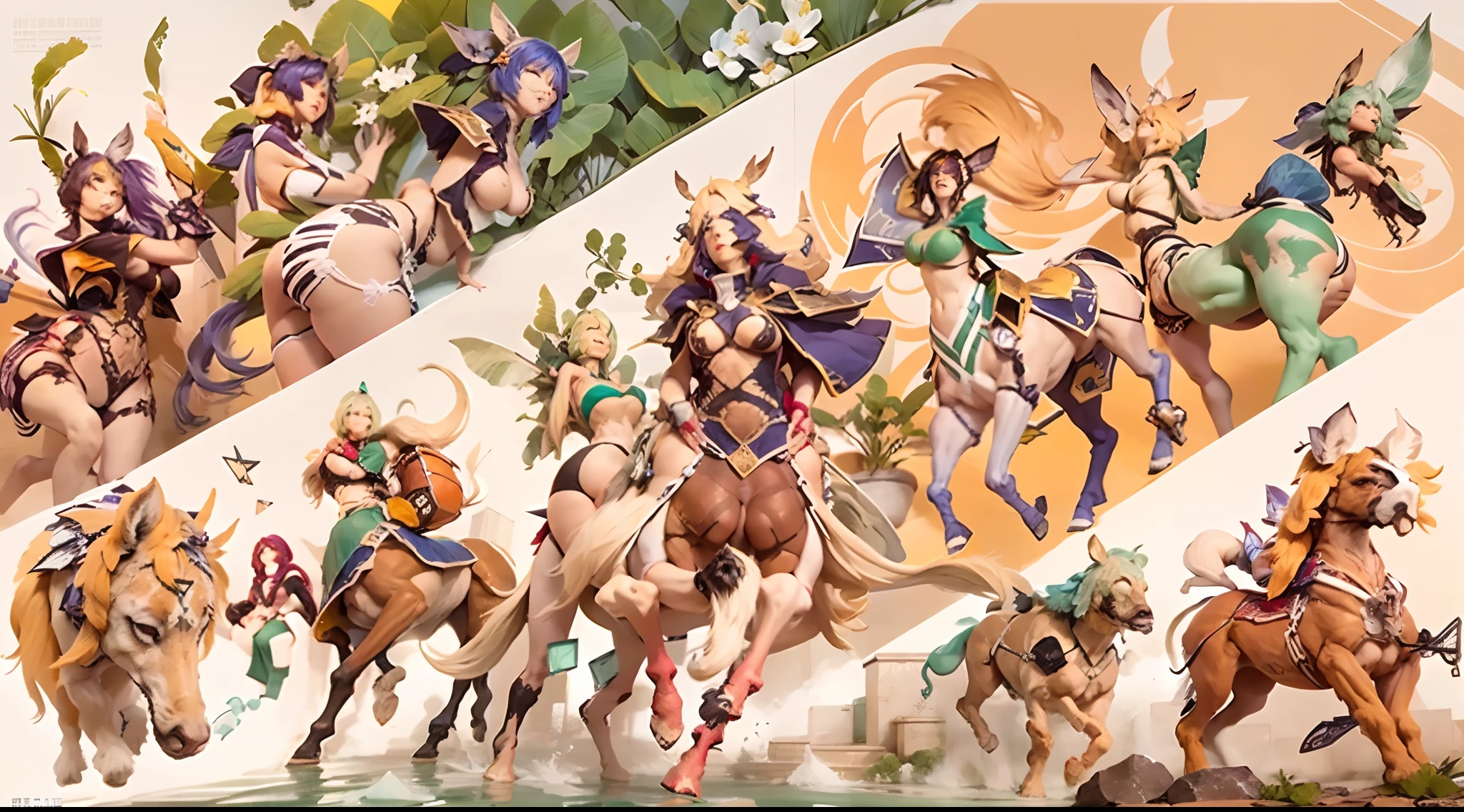 In the beautiful illustration of this super-grand scene，The ultra-distant lens shows us（Over eight separate and distinctive centaur characters：9.9），They all have their own characteristics，Vivid and interesting。Radiant from the heavens（Angelic centaurs：6.6），To nightmarish is（Centaurs surrounded by flames：6.6）、And then to the wind dancing in the air（Fairy centaurs：6.6）、And thunder and lightning surrounding（One-horned centaur：6.6），and shining metallic ones（Mechanical style centaur：6.6）、And then（A centaur with colorful dragon scales covering the whole body：6.6）The power is powerful、Elegant and agile（Elf centaur's slenderness：6.6）Gracefully wears a flower crown、Enchanting and charming（Tiflin centaurs：6.6）、Have the indescribable（Raised sexy：6.6）'s（Succubus centaurs：6.6）。Each character has their own unique charms and abilities。The illustration uses advanced artistic techniques and tools，（Divide the scene into sections by geometric arrangement：9.9），Each section corresponds to a centaur character，This makes more efficient use of space。Through Midjourney's advanced brush tools、Color palette、Material packs and model packs、Texture tools，For each centaur, beautiful props are designed to increase racial characteristics、Clothing and physical features，（Enhances the character's personality and visual appeal：2.5），The scenery in the illustrations is stunning，There are changing skies、rainbowing、extreme light、Stars and Moon。Incorporating iconic landmarks such as Mount Everest，and fireworks、tranquil lake、Natural and urban elements of waves and neon lights，Creates a magical atmosphere，The centaurs display their unique abilities and equipment in a variety of environments，This is true even in extreme alien landscapes。（Use Midjourney's tools、Material packs、Texture tools、The color palette makes depicting details vivid and realistic：9.9），From complex hairstyles and as well as different racial traits、Body、Appearance features、Clothing to real textures，This greatly enhances the realism of the cha