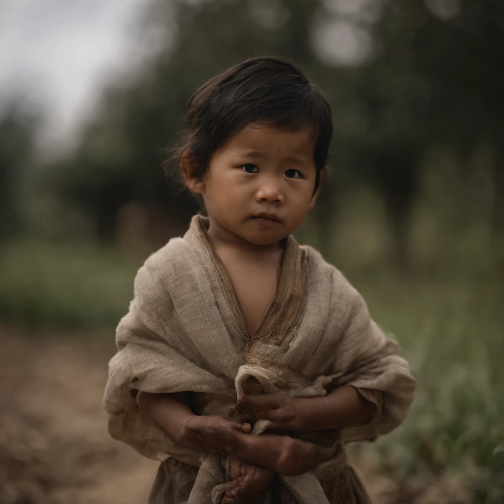 Children of Asia during the war，Wearing tattered clothes，There is a desire for freedom in the eyes，Holding dirty steamed buns in his hand，Focal length 135mm，F2 aperture，Unreal Engine 4，Ray tracing effect，Hyper-realistic，4K