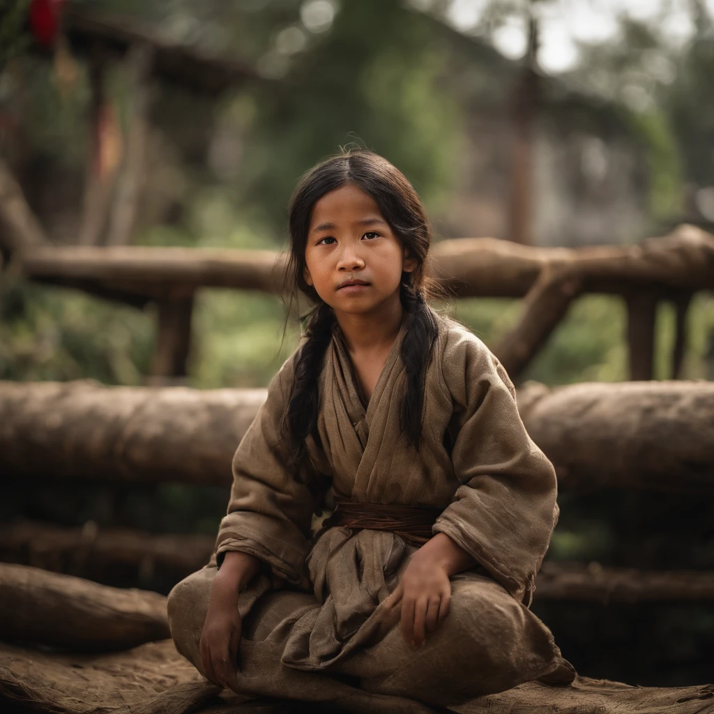 Children of Asia during the war,Wearing tattered clothes,There is a desire for freedom in the eyes,Holding dirty steamed buns in his hand,Focal length 135mm,F2 aperture,Unreal Engine 4,Ray tracing effect,Hyper-realistic,4K