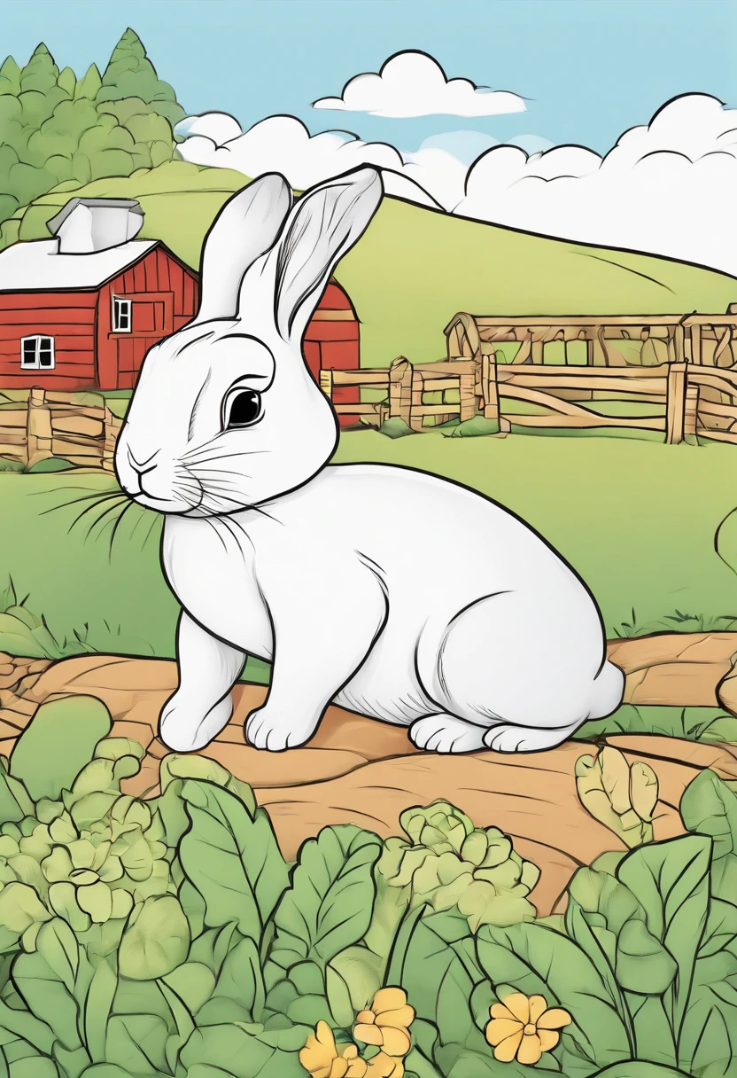 coloring page for kids, bunny on a farm, cute,fun, animated, cartoon style, thick lines, low detail, simple, no shading, black and white –ar 9:11 –v 5