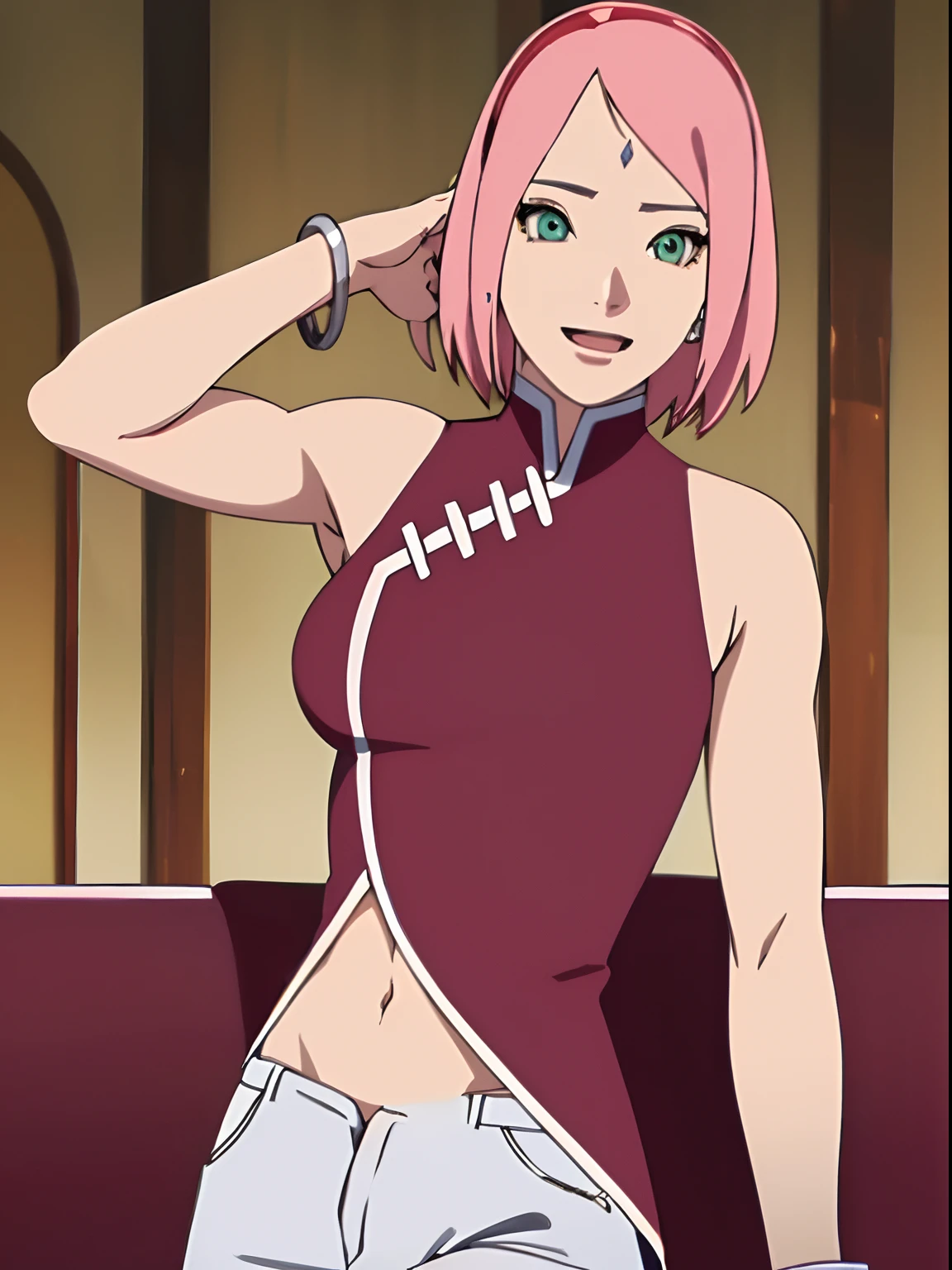 masterpiece, 4k, portrait, cowboy shot, (night), professional artwork, intricate details, colorful, digital blending, (ultra detailed body, ultra detail hair, ultra detail face), trending on pixiv, kind smile, best quality, anime style: 1.9, 1girl, hires, haruno sakura, (forehead mark, milf, red hairband, pale skin, (small breasts), short hair, ((red sleeveless dress,), white pants), (navel, belly button, slender body, slender belly, bracelet, pink hair, open mouth, big eyes), smile, beach, wind, floating hair, detailed arms, off-shoulders, broad shoulders, (slightly muscular arms, slightly strong biceps), armpit on couch, rips, , fancy couch, relaxing, (hand leaning on couch, laying, talking, looking at the viewer, showing armpit)