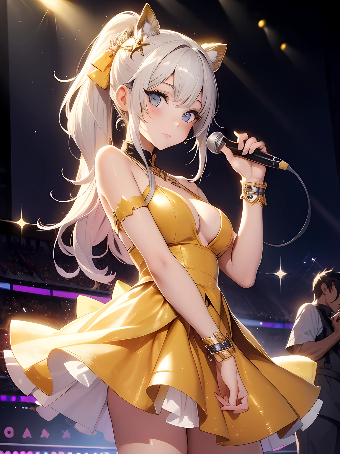 masutepiece, High resolution, 8K, anime woman, Delicate and detailed writing 、Detailed digital illustration、ponytail hair、Shiny hair、Flat Bangs、a very beautiful woman、Eyes are double, Large, Bust is B cup、High image quality, High quality、Detailed background、(((Wearing idol clothes)))、((Glittering live stage backdrop))、The inside of the eye shines like a diamond (grey eyes)、sand blonde hair、Gradient pupil、(((2 arms、4 fingers, 1 thumb)))、Detailed female face、Very beautiful and cute woman、、细致背景、​masterpiece、Soft Focus , smile face, Bright gradient watercolor , Lens Flare , (((Glitter))) , Glow , Dreamy , (((Holding a glitter microphone in your hand)))、a miniskirt、Idol、yellow Ribbon、Very beautiful yellow rose hair accessories. Yellow and gold costume with white as the main color、((Straight at the angle of the front))、Glitter Cat Ear Headband、(((Take an idle pose)))