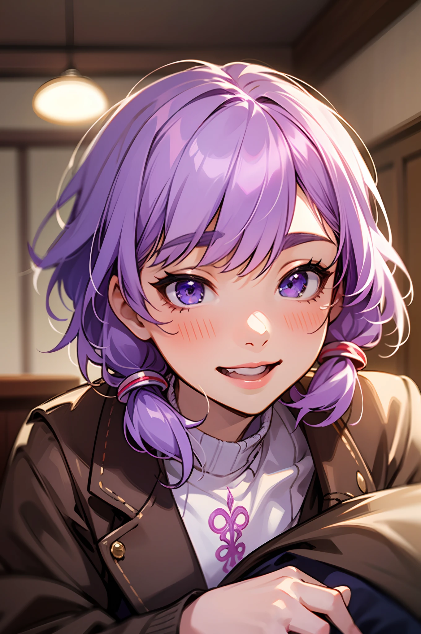 (Best Quality, Ultra-detailed, Realistic), A girl full of vitality、独奏、Yuzuki Yukari、18year old、small tits、slender body shape、I love you look、Laugh、Lilac hair、short-hair、(hair between eye)、(Embroidered sweaters、Leather Blazer)、Sit across from a table in a restaurant、Bright background、facial close-up