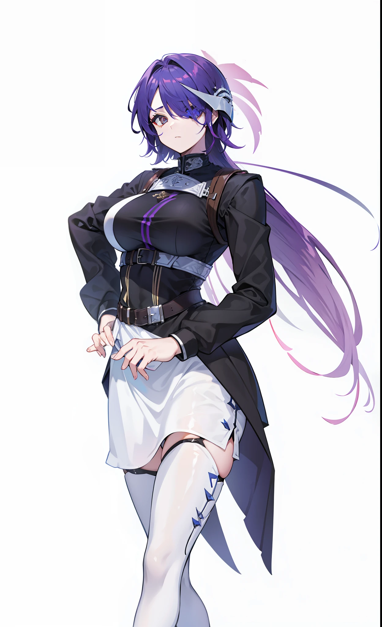 female, black long hair with magenta trim, silver eyes, wolf ears, wolf tail, (((1girl))), (((black and magenta military uniform))), (general cap), (black belt), (black thigh high boots), cute and sexy, full body, large breasts, long legs, smiling