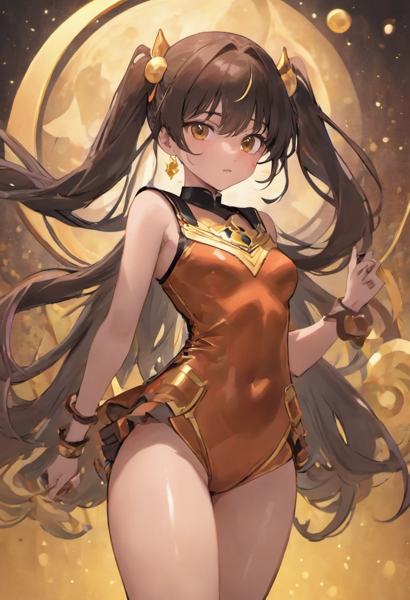 "Tan skin, 1girl, ((black long hair)), ((brown eyes)) as a Sailor Moon hybrid, wearings pants, chubby"