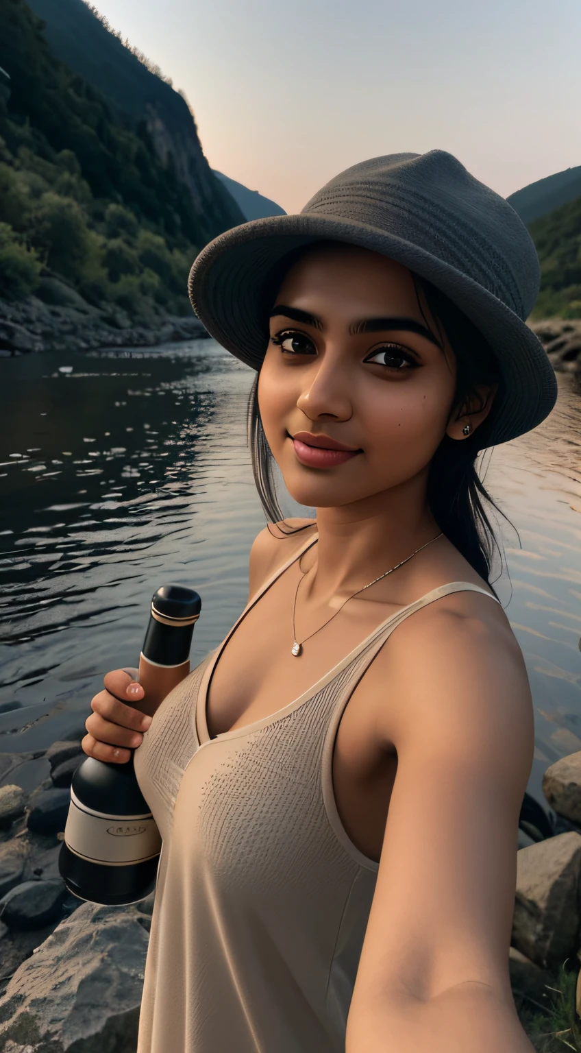 young Indian mature college girl,young Indian girl, busty, muscle, high detail plunging medium breasts , , gentle lighting ((upper body selfie, happy)), masterpiece, best quality, ultra-detailed, solo, outdoors, (night), mountains, nature, (stars, moon) cheerful, happy, sleeping bag, camping stove, water bottle, sundress, hat, flashlight, forest, rocks, river, wood, smoke, shadows, contrast, clear sky, analog style (look at viewer:1.2) (skin texture) (film grain:1.3), (warm hue, warm tone:1.2), close up, cinematic light, sidelighting, ultra high res, best shadow, RAW, upper body, wearing pullover