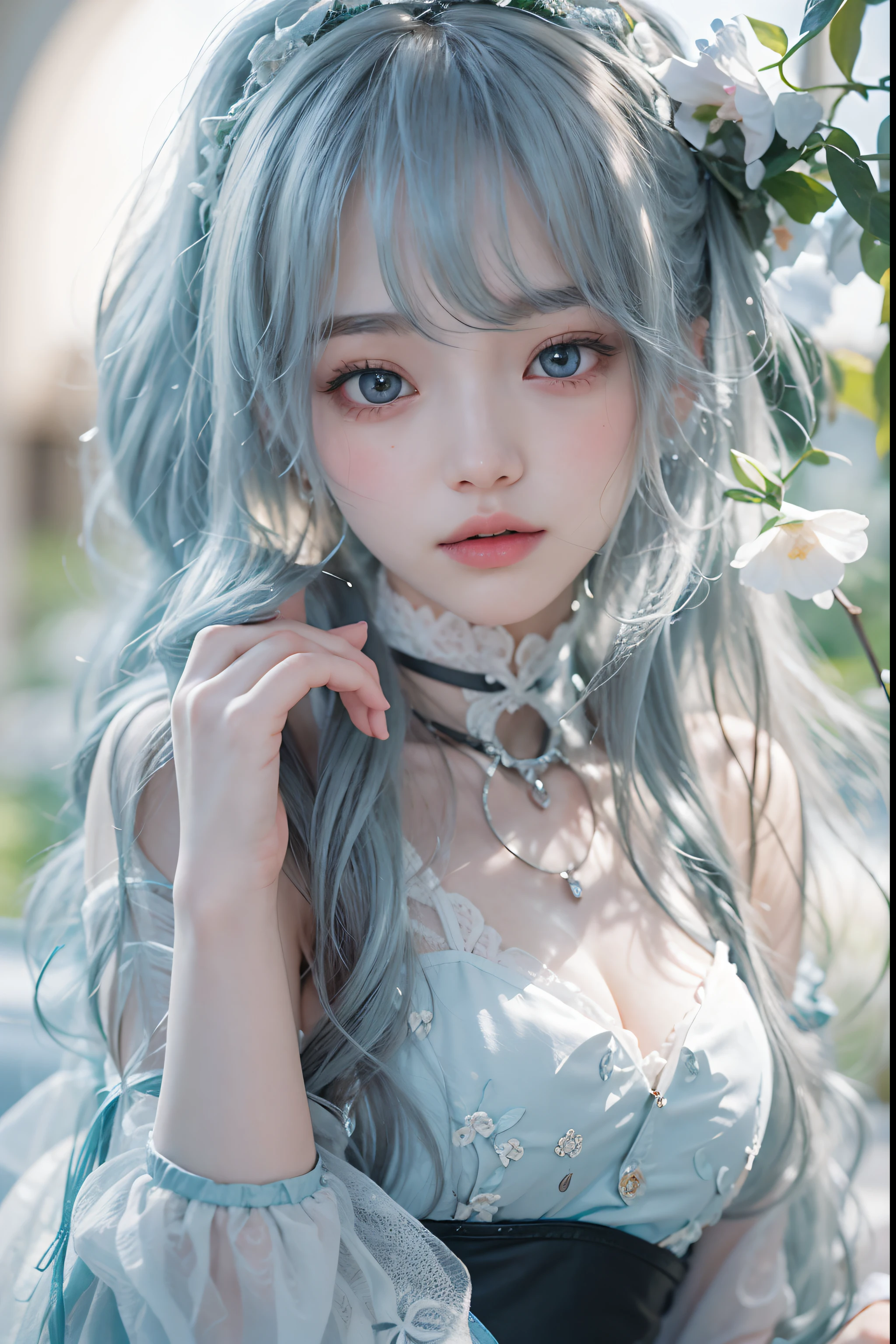 (masterpiece), (best quality), (ultra detailed),(disheveled hair),(illustration), (1girl), (Fashionable clothing), standing, Fashion model, looking at viewer, (interview), (simple background),beautiful detailed eyes, delicate beautiful face, Floating,(high saturation),(colorful splashes),colorful bubble,(shining), focus on face, ponytail, kamisato ayaka, light blue hair, bangs, hair ring, floating flowers, floating hairs, (shining), best lighting, best shadow,