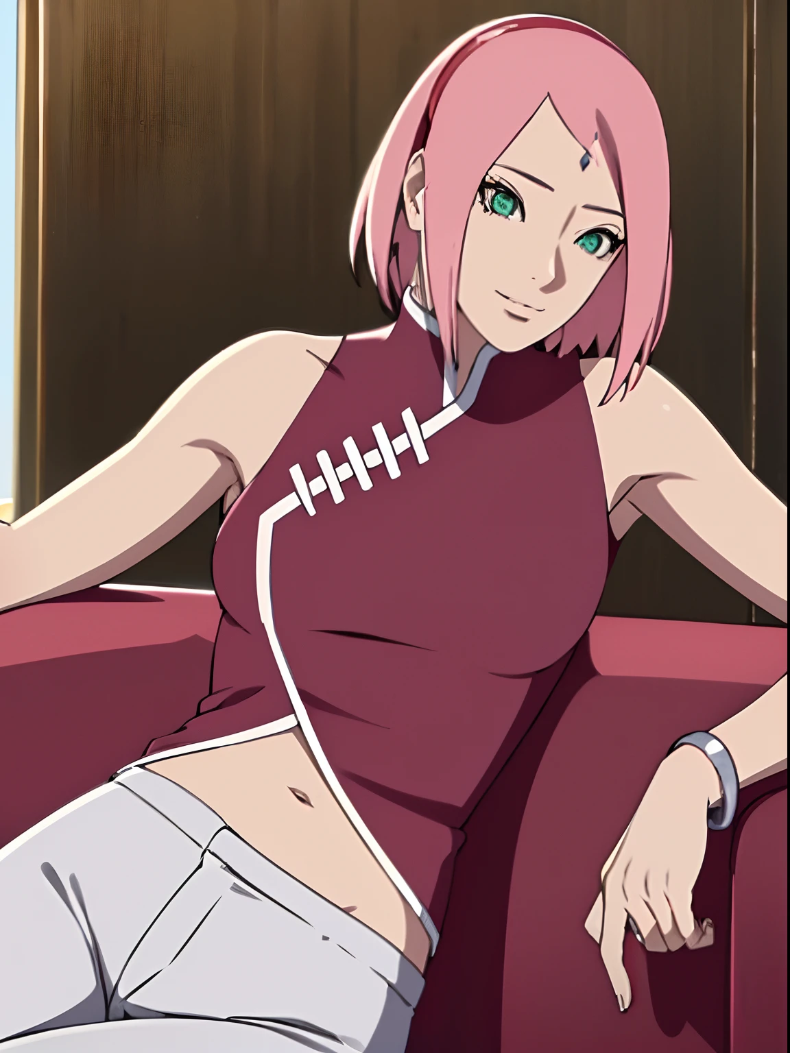masterpiece, 4k, portrait, cowboy shot, (night), professional artwork, intricate details, colorful, digital blending, (ultra detailed body, ultra detail hair, ultra detail face), trending on pixiv, kind smile, best quality, anime style: 1.9, 1girl, hires, haruno sakura, (forehead mark, milf, red hairband, pale skin, (small breasts), short hair, ((red sleeveless dress,), white pants), (navel, belly button, slender body, slender belly, bracelet, pink hair, open mouth, big eyes), smile, beach, wind, floating hair, detailed arms, off-shoulders, broad shoulders, (slightly muscular arms, slightly strong biceps), armpit on couch, rips, , fancy couch, relaxing, (hand leaning on couch, laying, talking, looking at the viewer, showing armpit, talking while showing armpits)