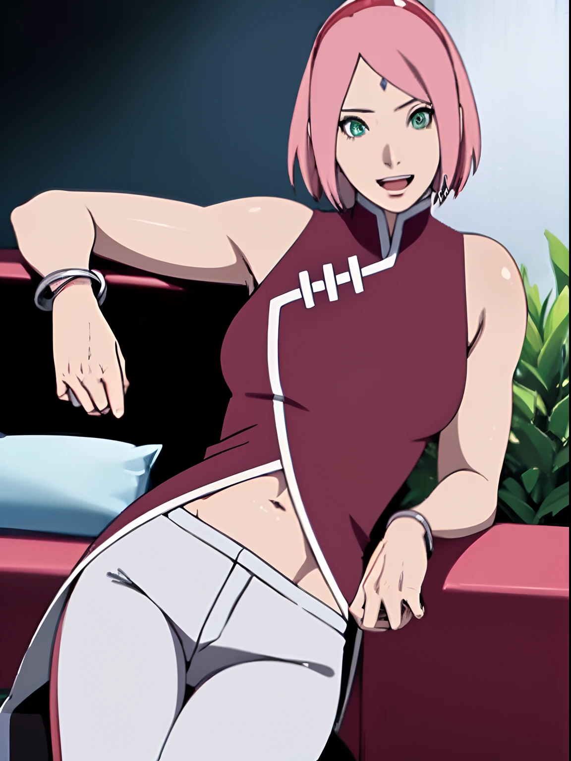 masterpiece, 4k, portrait, cowboy shot, (night), professional artwork, intricate details, colorful, digital blending, (ultra detailed body, ultra detail hair, ultra detail face), trending on pixiv, kind smile, best quality, anime style: 1.9, 1girl, hires, haruno sakura, (forehead mark, milf, red hairband, pale skin, (small breasts), short hair, ((red sleeveless dress,), white pants), (navel, belly button, slender body, slender belly, bracelet, pink hair, open mouth, big eyes), smile, beach, wind, floating hair, detailed arms, off-shoulders, broad shoulders, (slightly muscular arms, slightly strong biceps), armpit on couch, rips, , fancy couch, relaxing, (hand leaning on couch, laying, talking, looking at the viewer, showing armpit, talking while showing armpits)