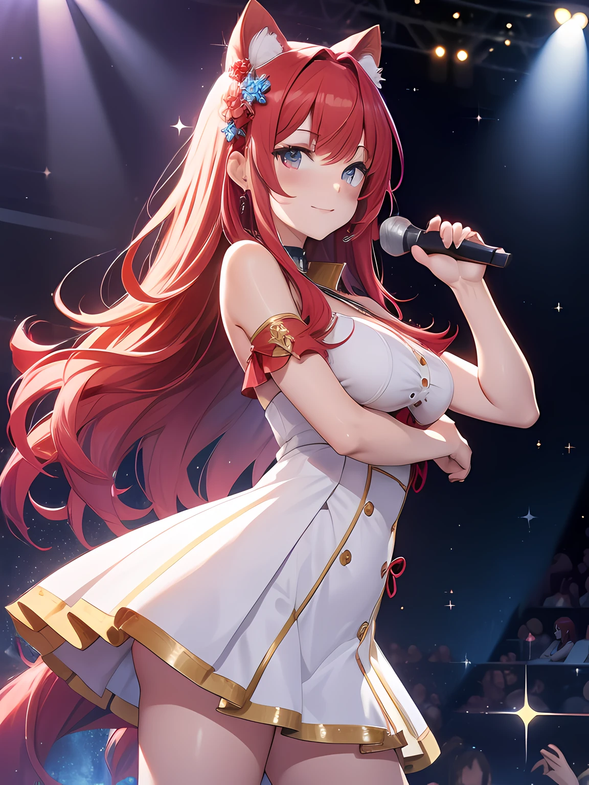 masutepiece, High resolution, 8K, anime woman, Delicate and detailed writing 、Detailed digital illustration、long wavy hair、Shiny hair、Flat Bangs、a very beautiful woman、Eyes are double, Large, Bust is B cup、High image quality, High quality、Detailed background、(((Wearing idol clothes)))、((Glittering live stage backdrop))、The inside of the eye shines like a diamond (blue eyes)、redhead hair、Gradient pupil、(((2 arms、4 fingers, 1 thumb)))、Detailed female face、Very beautiful and cute woman、、细致背景、masterpiece、Soft Focus , happy smile face, Bright gradient watercolor , Lens Flare , (((Glitter))) , Glow , Dreamy , (((Holding a glitter microphone in your hand)))、a miniskirt、Idol、red Ribbon、Very beautiful red rose hair accessories. Red and gold costume with white as the main color、((Straight at the angle of the front))、Glitter Cat Ear Headband、(((Take an idle pose)))