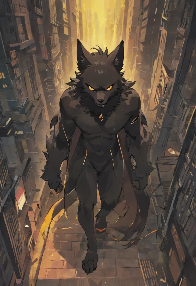 A 2-meter-tall werewolf, covered in thick, black fur, with nearly incandescent yellow eyes. It stands calmly, observing the city from above, reminiscent of the Gothic style of Gotham City. This creature embodies the essence of Gothic horror and is reminiscent of the world of "Werewolf: The Apocalypse" in the "World of Darkness" universe.