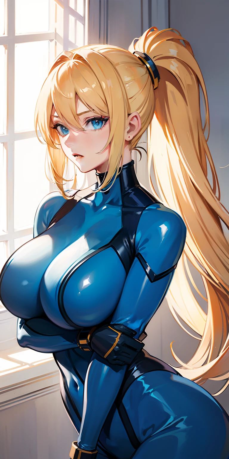 blonde long hair, (huge breasts:1.2,) upper body, from below, (blue bodysuit, zero suit, zero suit samus, ponytail)
jewelry, hands on chest,see-through, looking at viewer,  hair ornament, choker, shy,
(masterpiece, top quality, best quality, official art, beautiful and aesthetic:1.2), (1 girl), extreme detailed,  colorful, highest detailed,
Bedroom, Wall, Hard Lighting, Leaning