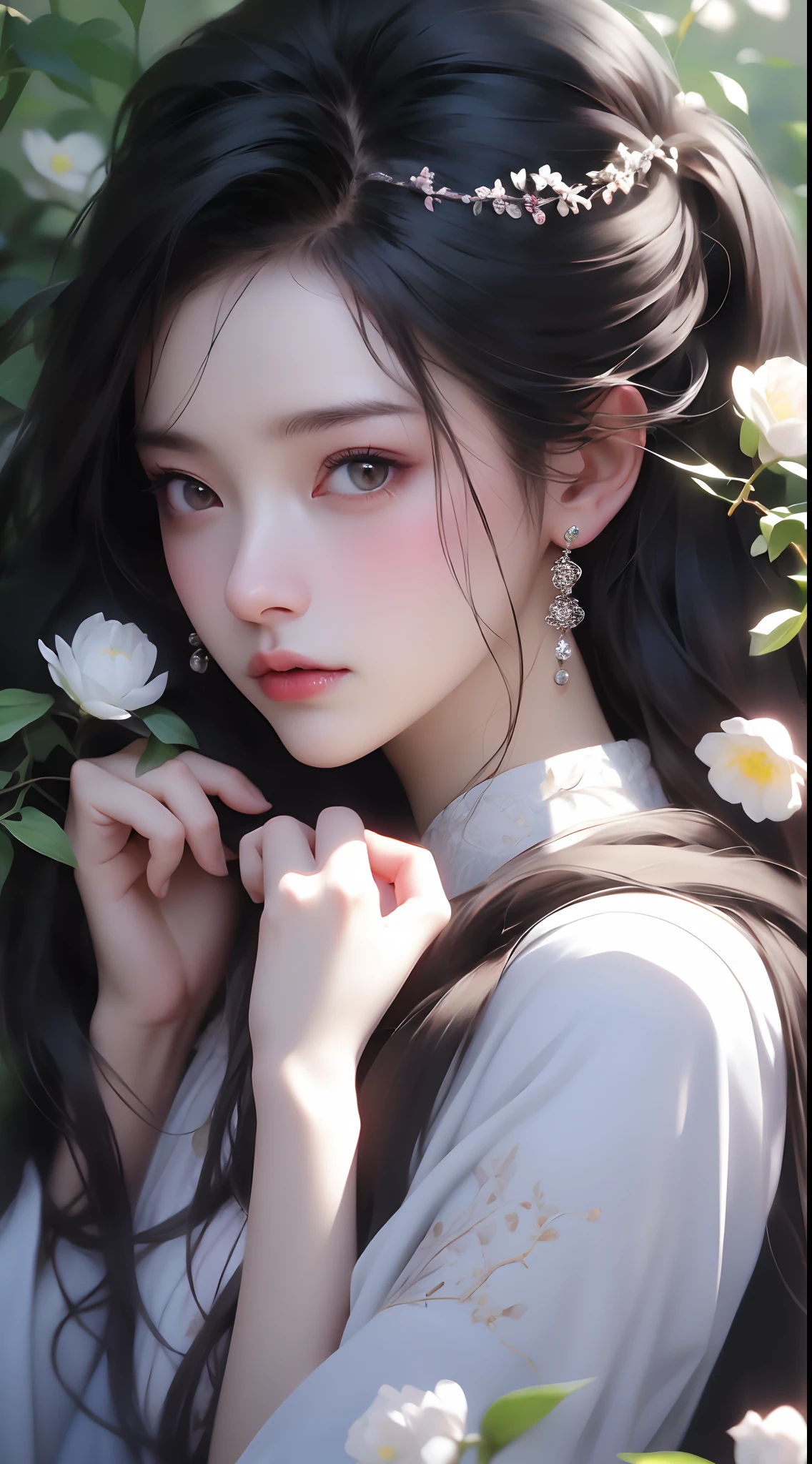 1 girl, upper body portrait close-up, black hair, flowing hair, hazy beauty, extremely beautiful facial features, purple embroidered dress, hairpin on head, lying in a flower bush, hands on the face, perfect anatomy, white flowers, (spring, rainy days, terraces, mountains), simple vector art, contemporary Chinese art, soft light, entangled scarf, looking down