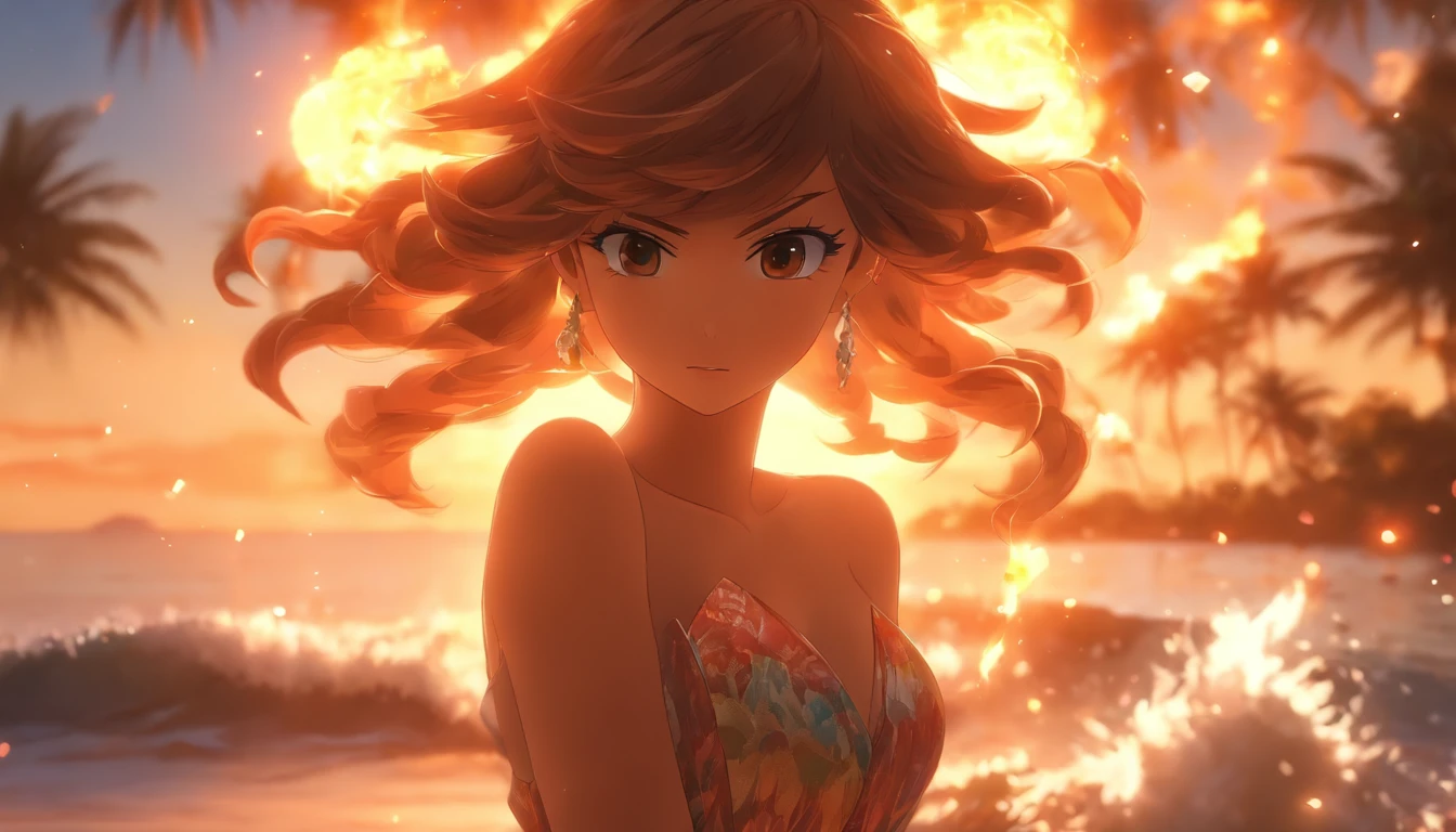 tmasterpiece,Master of photography,8K,Highest image quality,beautiful beaches,with blue sky and white clouds,There are seabirds in the sky,Small island in the distance,Big rocks nearby,There are coconut trees on the shore,A gentle breeze blows the hat,softlighting,1girll,artist_names,Bare_bshoulders,brown_Eyes,brown_Hair,crown,dress,Earrings,eyeslashes,Fire,Hair_decorations,jewelry,Lips,Patreon_user name,Solo,standing,No shoulder strap_dress,watermarked,web_address