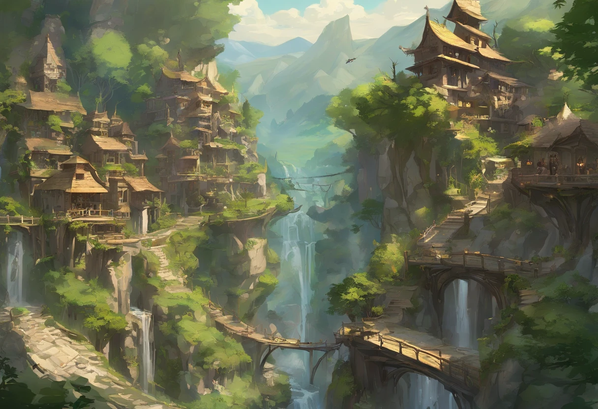 Nestled gracefully within the craggy embrace of towering, verdant mountains, this ethereal elven village stands as a testament to the harmonious union between elven craftsmanship and the natural world. Perched against the steep, emerald-clad terrain, its homes and pathways are a masterful blend of elven artistry and the sturdiness of stone and marble. Elaborate, spiral staircases of finely polished marble connect the dwellings, while slender bridges of intricately carved stone span glistening streams and cascading waterfalls, linking the tiers of this sylvan settlement.

The villagers' homes are sculpted from the very mountains themselves, their walls crafted from sturdy stone adorned with delicate marble reliefs depicting scenes of nature's beauty. Towering columns of gleaming marble support intricately carved wooden balconies, where residents gather to commune with the breathtaking vistas of soaring peaks and serene valleys. Wisps of vine and ivy, carefully cultivated, trace their way up the stone walls, lending a touch of nature's grace to the stately structures.

Beyond the mountains' embrace, a dense forest of ancient oak and silver-leafed aspen extends its verdant fingers toward the village. Here, the elven inhabitants find solace and sustenance, gathering herbs, forage, and the finest timbers for their graceful craftsmanship. The air is a tapestry of woodland scents, infused with the fragrant embrace of blooming wildflowers and the songs of countless birds.

In this elven haven, where stone and marble stand as both testament to their artistry and a symbol of enduring strength, the villagers exemplify the spirit of the woods they call home—resilient and resourceful, deeply connected to both the formidable mountains and the enchanting forest that cradles their timeless community.