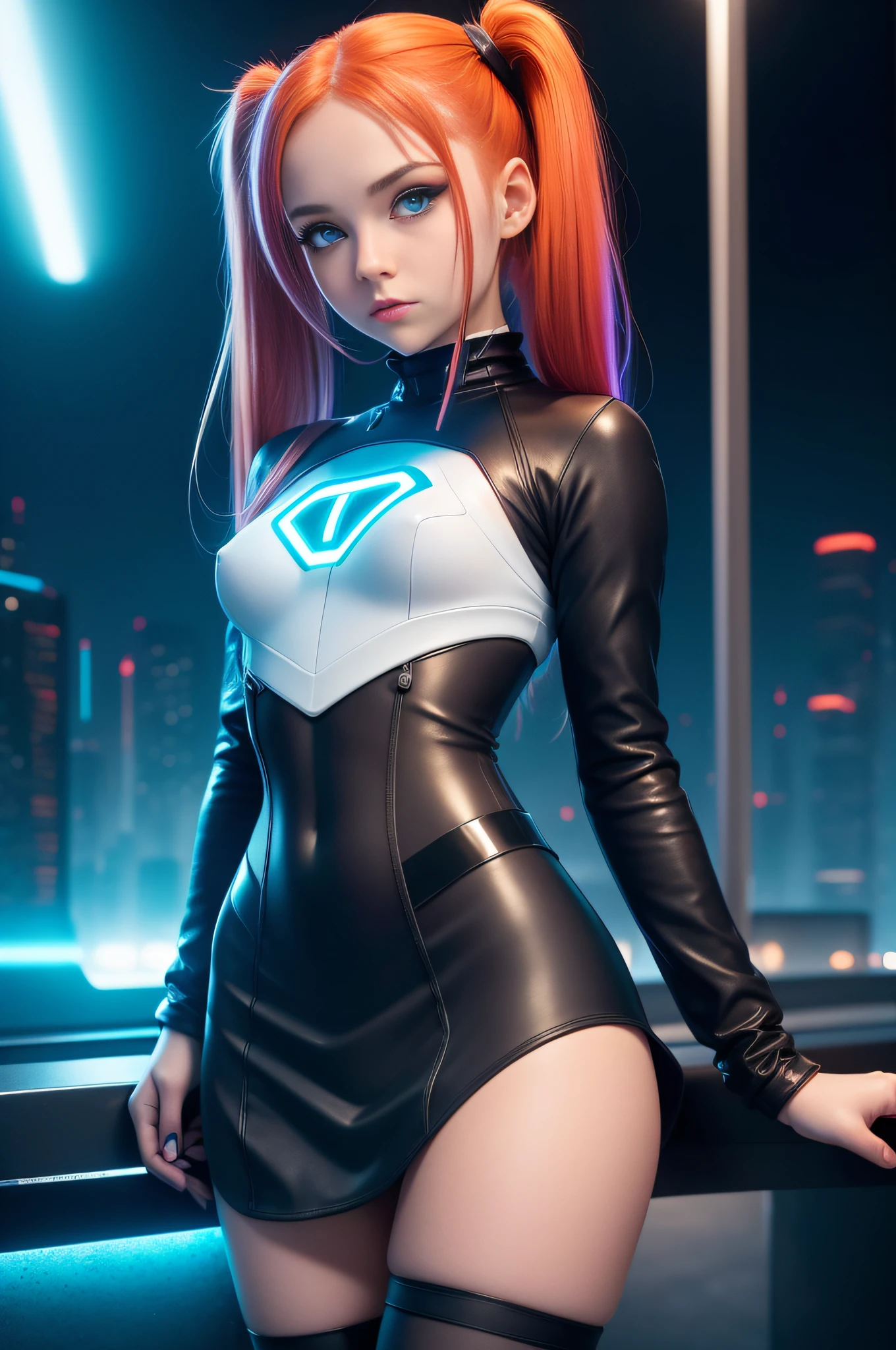1 girl, solo, (nsfw), cute redhead 18-year-old girl in twin tails, ((perfect female body)), (cute face make up), multiple (rainbow colored hair: 1.2), (beautiful detailed blue eyes: 1.6), (photo realistic eyes: 1.6), happy, Ukrainian, (petite body), ((small hips)), pale white skin, (mini skirt and tube top), (matte pantyhose: 1.6), (("TRON LEGACY futuristic city" style background)), (night time:1.2), photo realistic.
