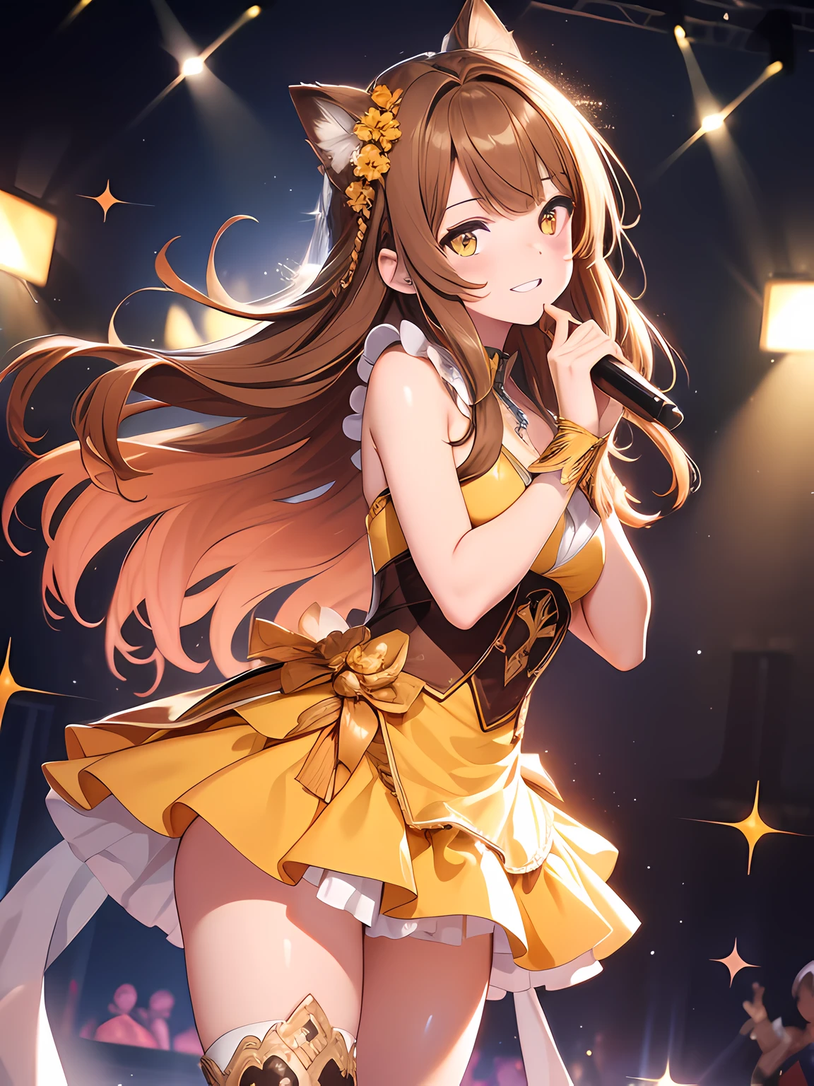masutepiece, High resolution, 8K, anime woman, Delicate and detailed writing 、Detailed digital illustration、long hair、Shiny hair、Flat Bangs、a very beautiful woman、Eyes are double, Large, Bust is A cup、High image quality, High quality、Detailed background、(((Wearing idol clothes)))、((Glittering live stage backdrop))、The inside of the eye shines like a diamond (yellow eyes)、(brown hair)、Gradient pupil、(((2 arms、4 fingers, 1 thumb)))、Detailed female face、Very beautiful and cute woman、、细致背景、masterpiece、Soft Focus , bright happy smile face, Bright gradient watercolor , Lens Flare , (((Glitter))) , Glow , Dreamy , (((Holding a glitter microphone in your hand)))、a miniskirt、Idol、orange Ribbon、Very beautiful orange rose hair accessories. Brown and Orange costume with white as the main color、((Straight at the angle of the front))、Glitter Cat Ear Headband、(((Take an idle pose)))